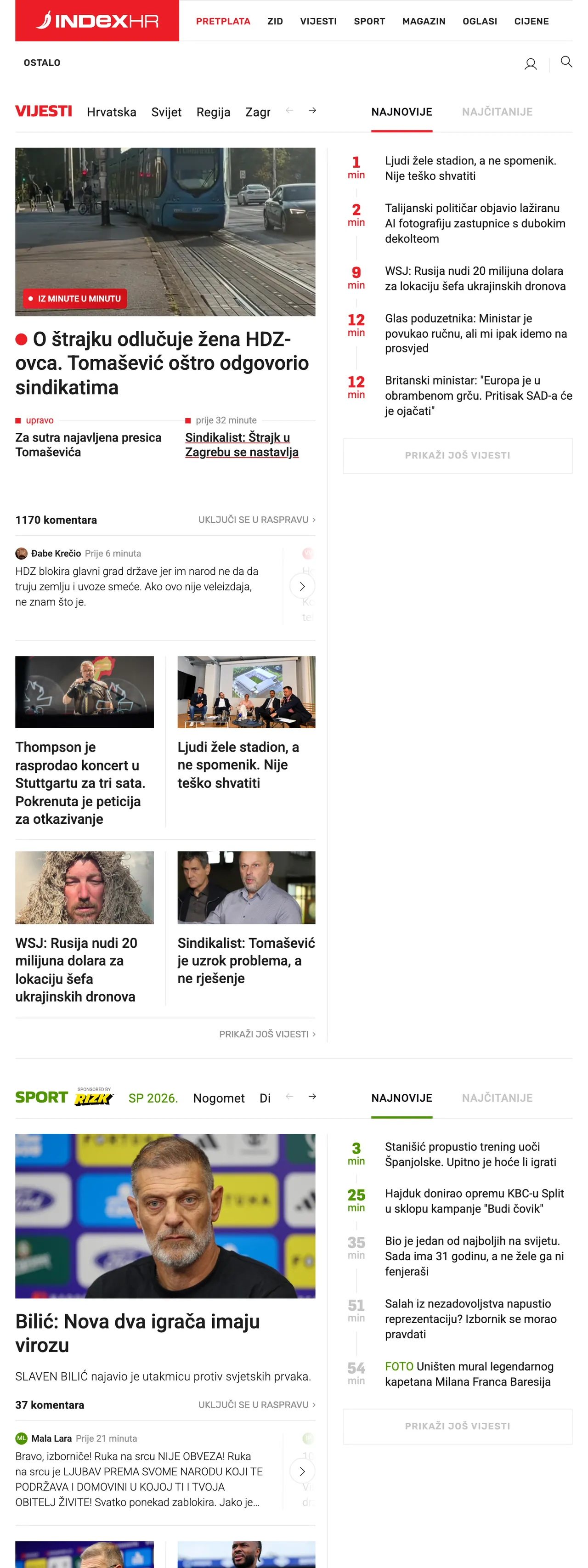 Screenshot of the Index.hr front page
