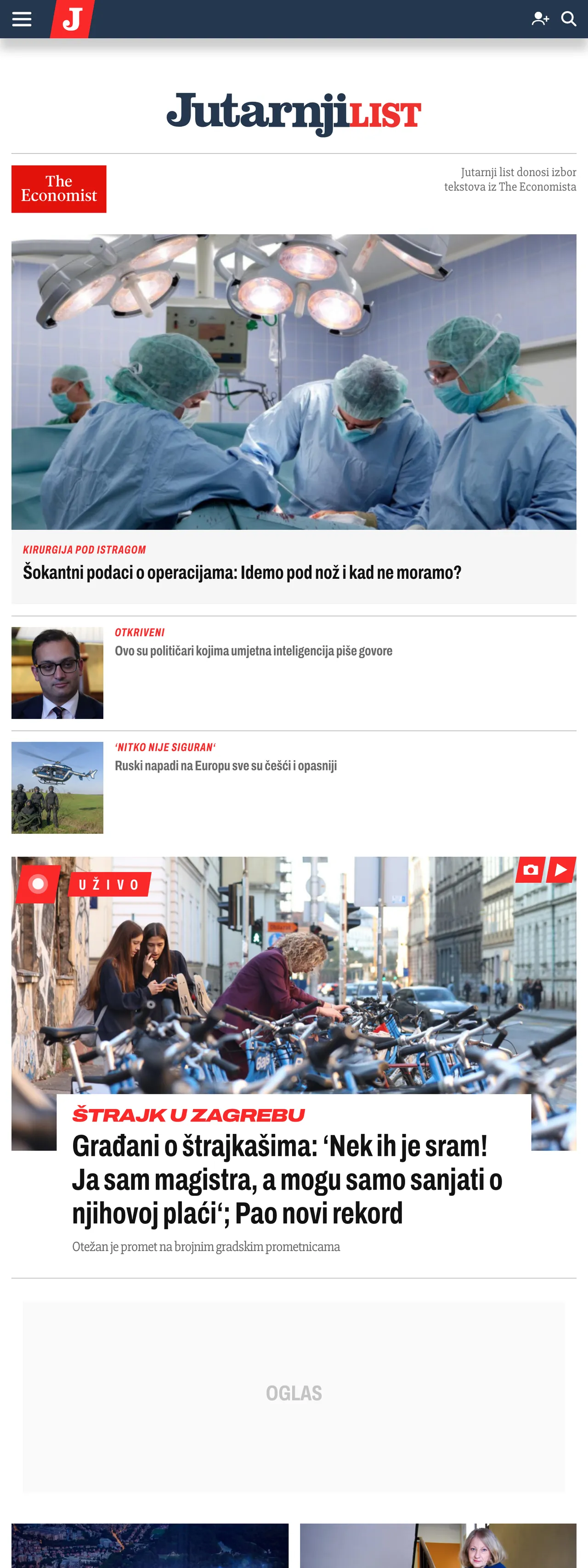 Screenshot of the Jutarnji list front page