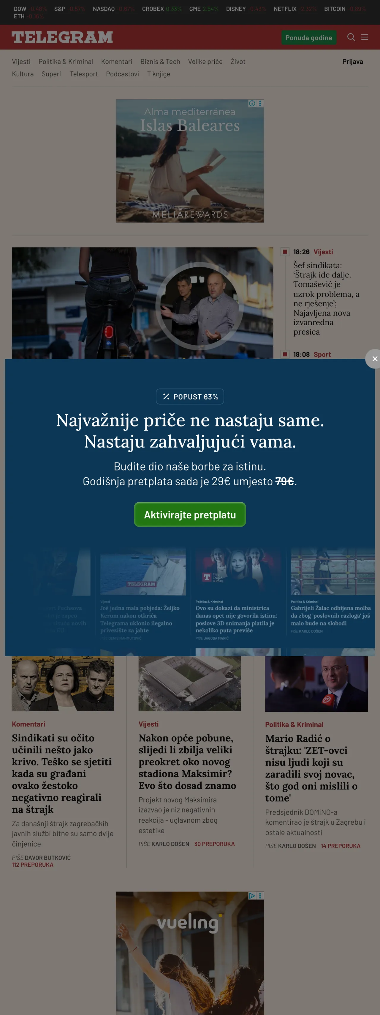 Screenshot of the Telegram.hr front page