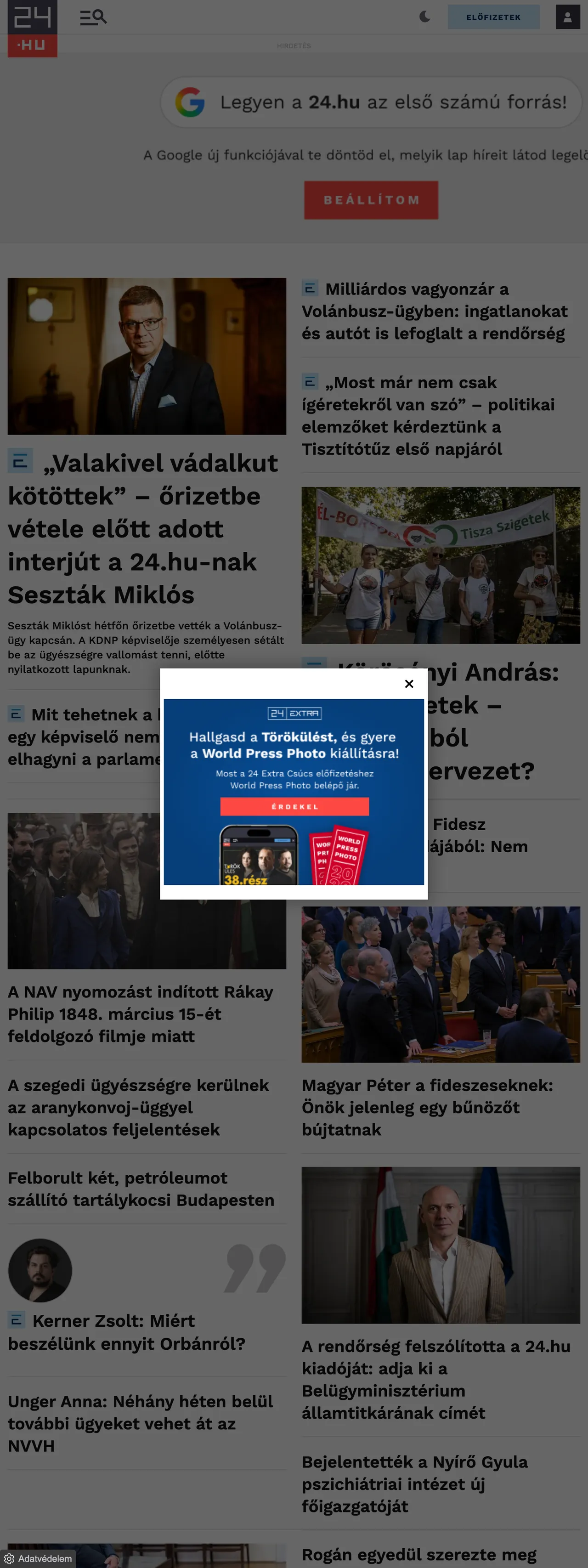 Screenshot of the 24.hu front page