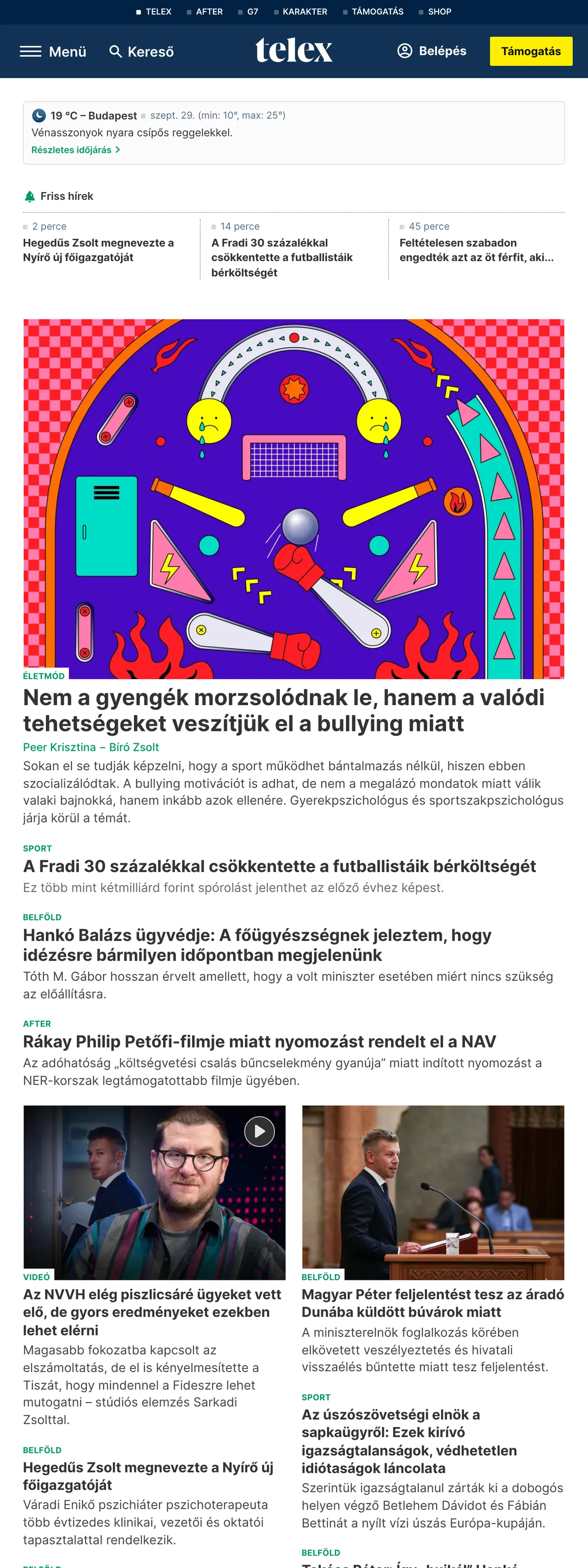Screenshot of the Telex front page