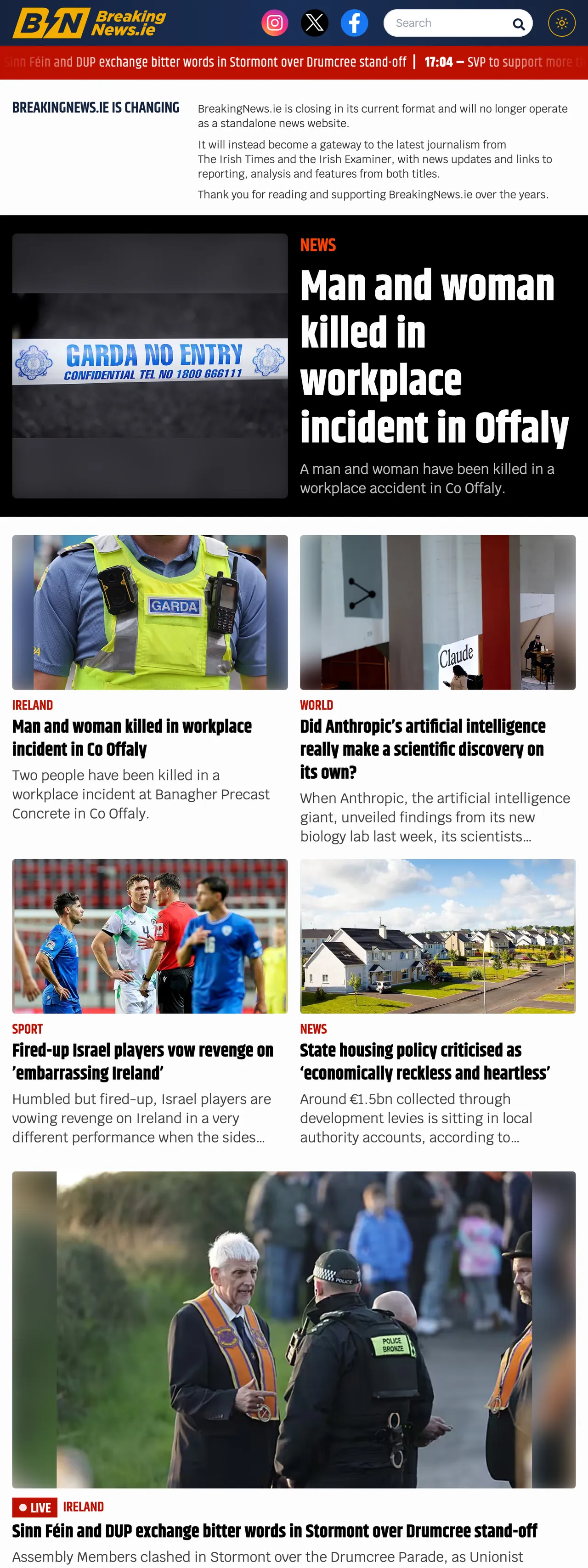 Screenshot of the BreakingNews.ie front page