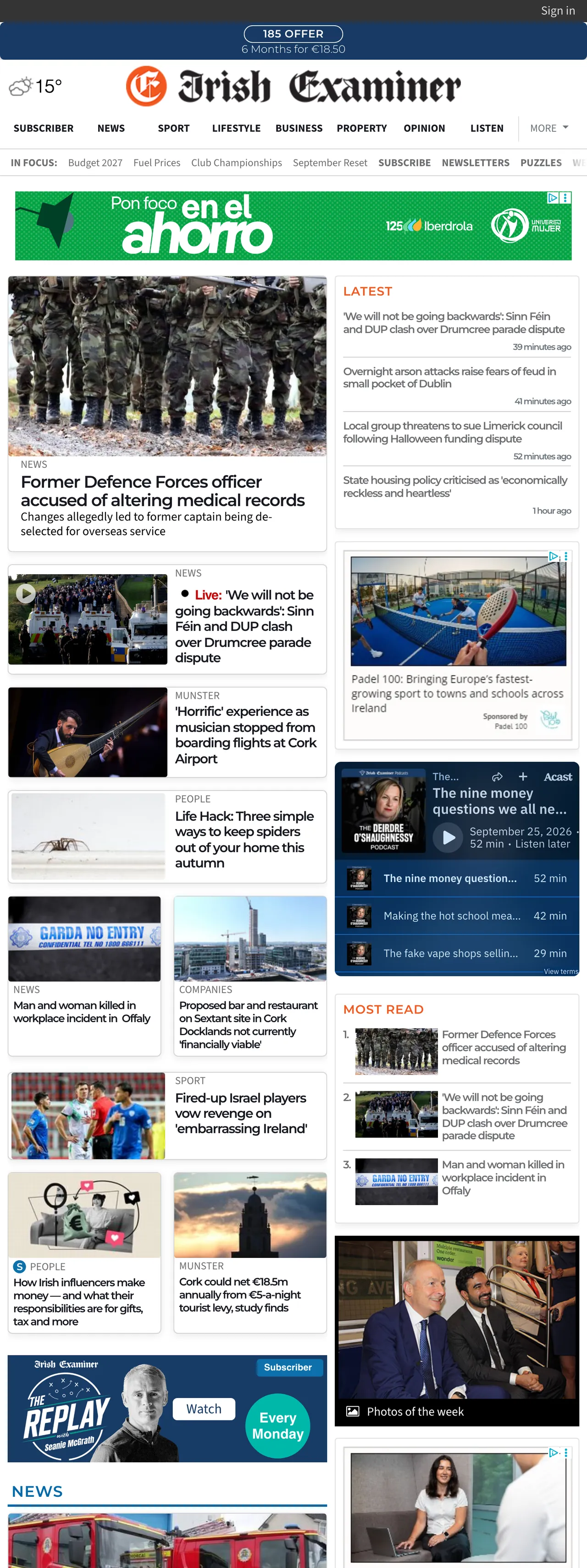 Screenshot of the Irish Examiner front page