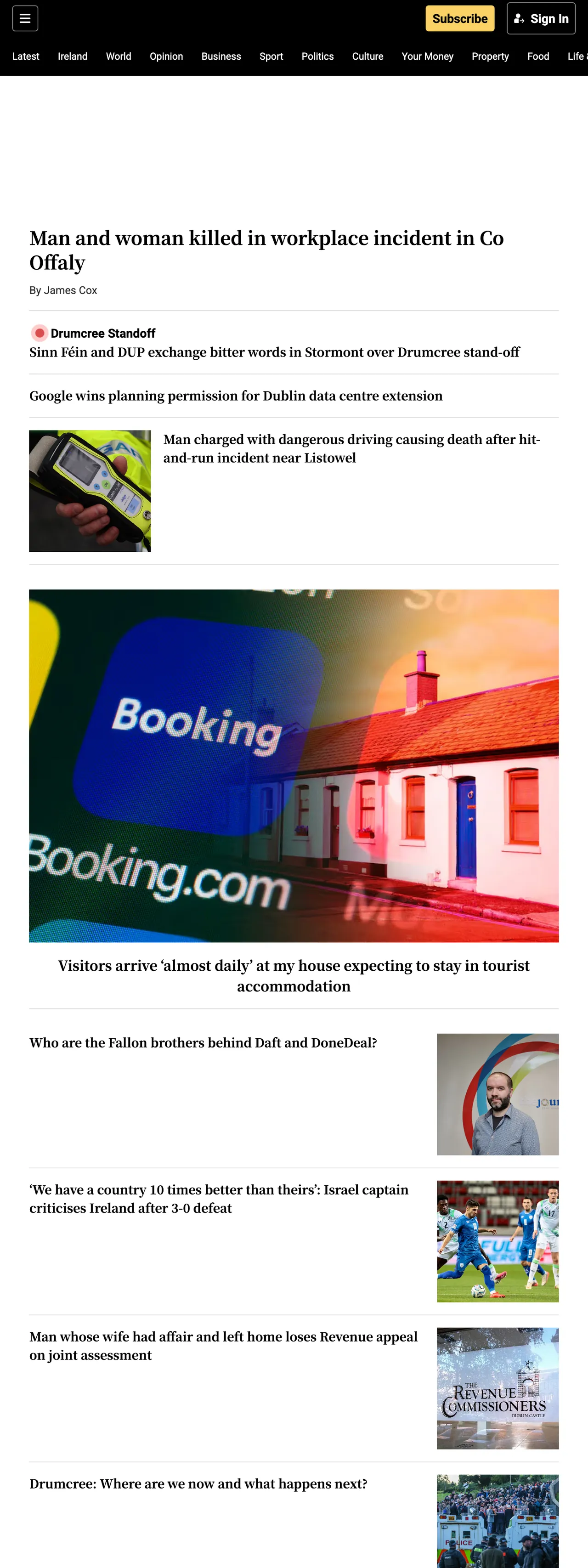 Screenshot of the The Irish Times front page