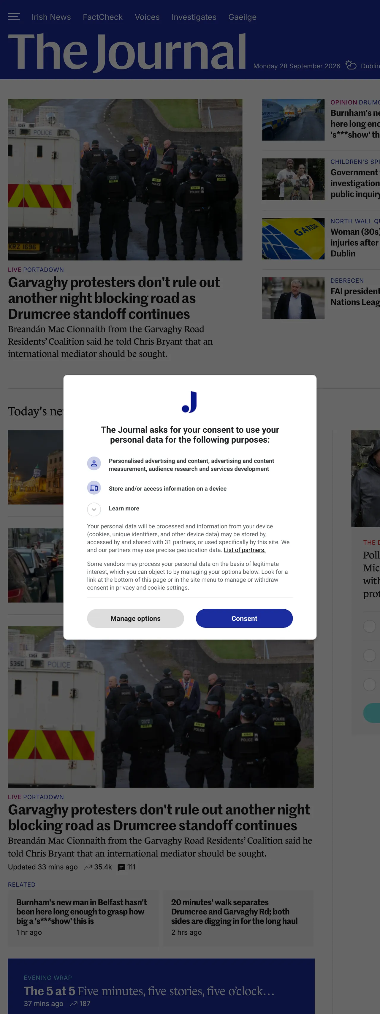 Screenshot of the TheJournal.ie front page
