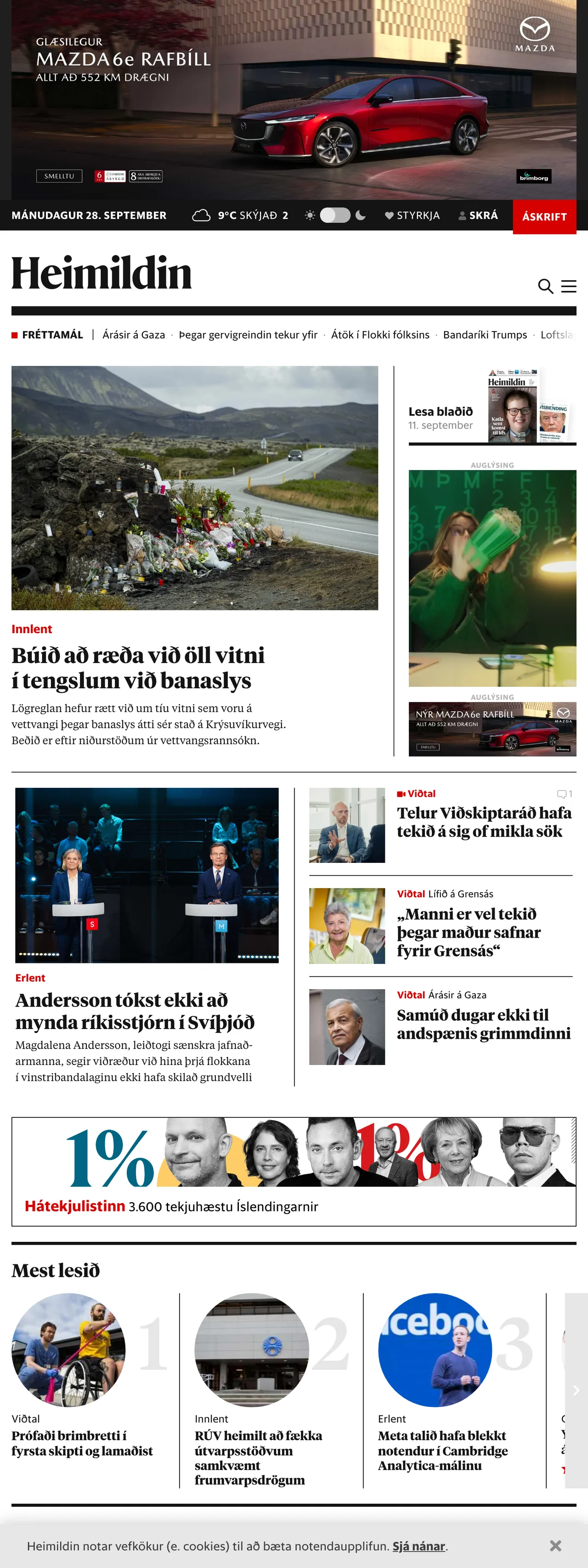 Screenshot of the Heimildin front page