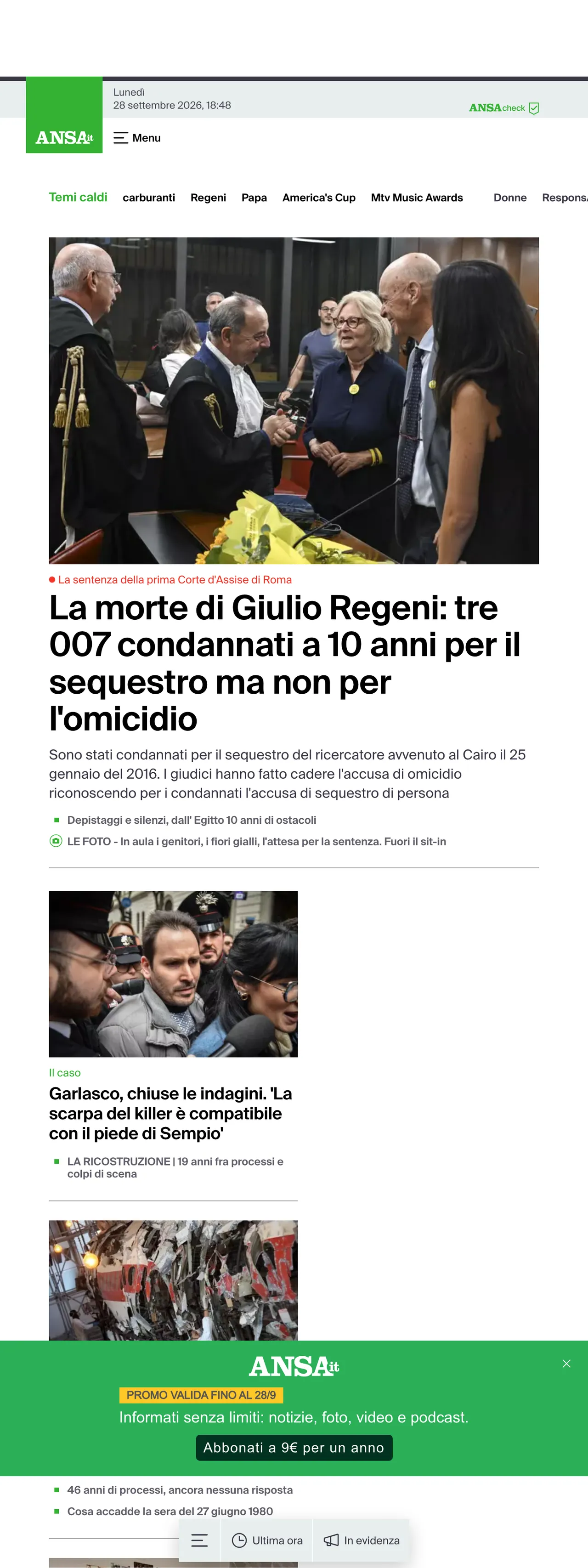 Screenshot of the ANSA front page
