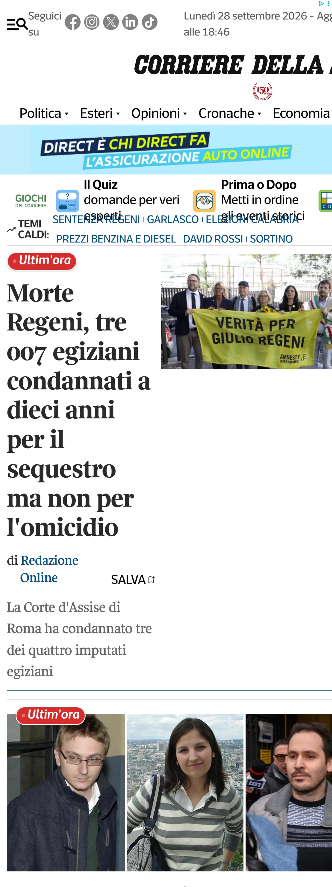 Screenshot of the Corriere della Sera front page