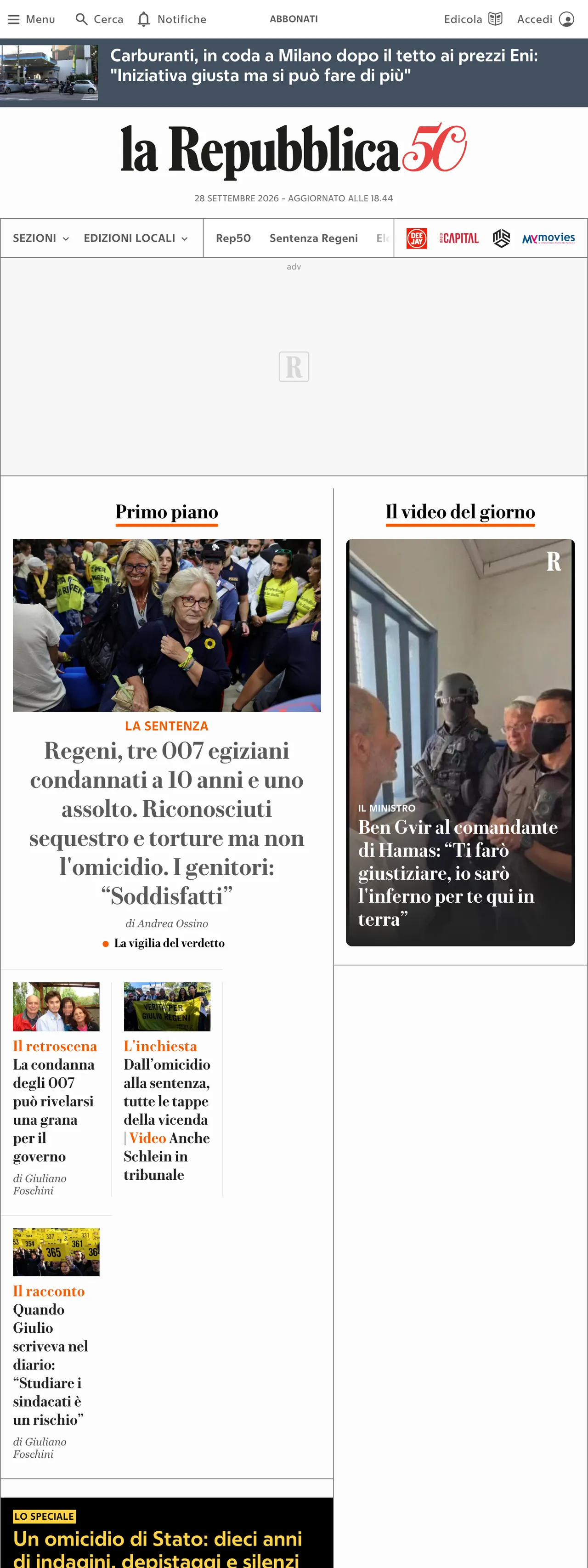 Screenshot of the la Repubblica front page