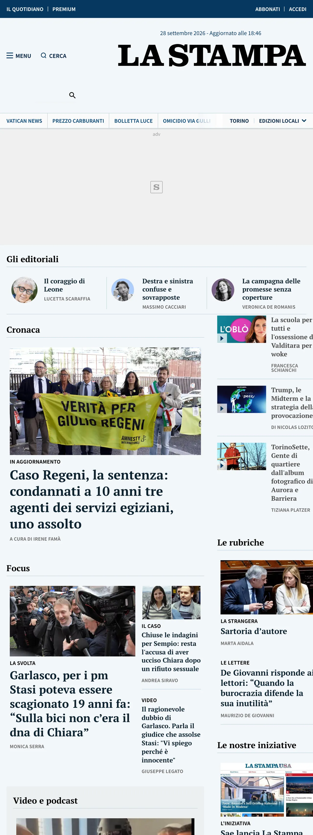 Screenshot of the La Stampa front page