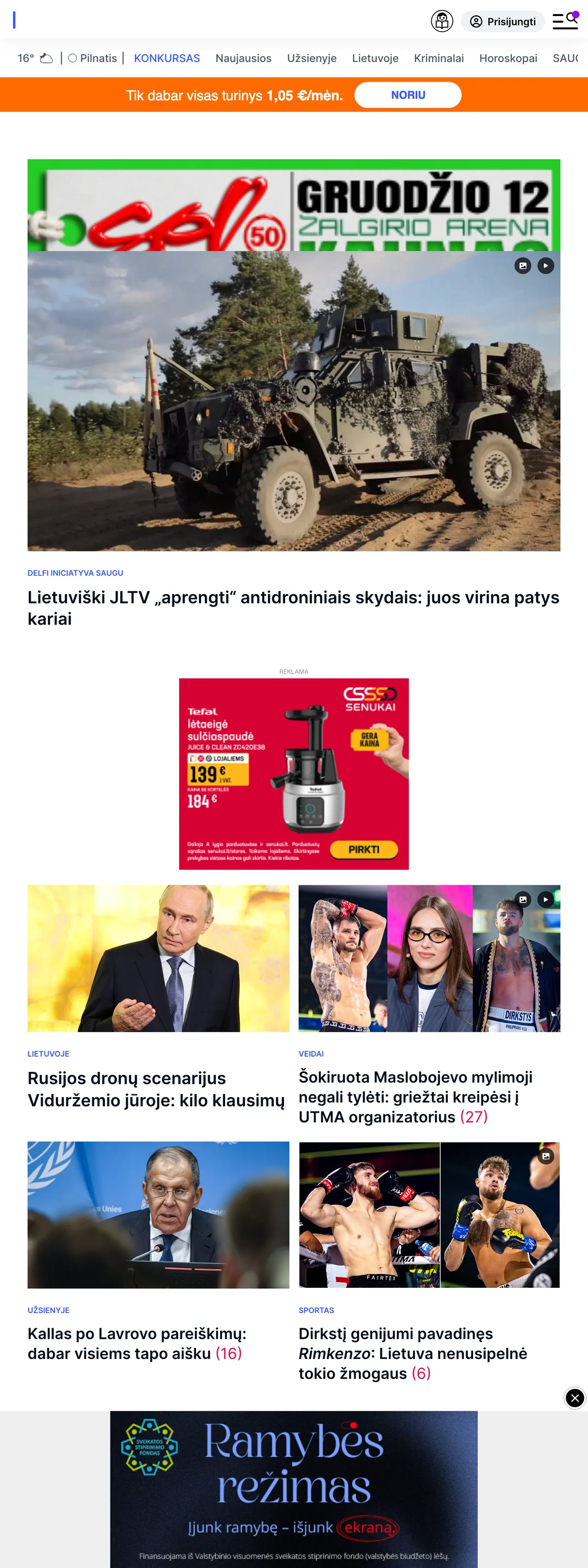 Screenshot of the Delfi front page