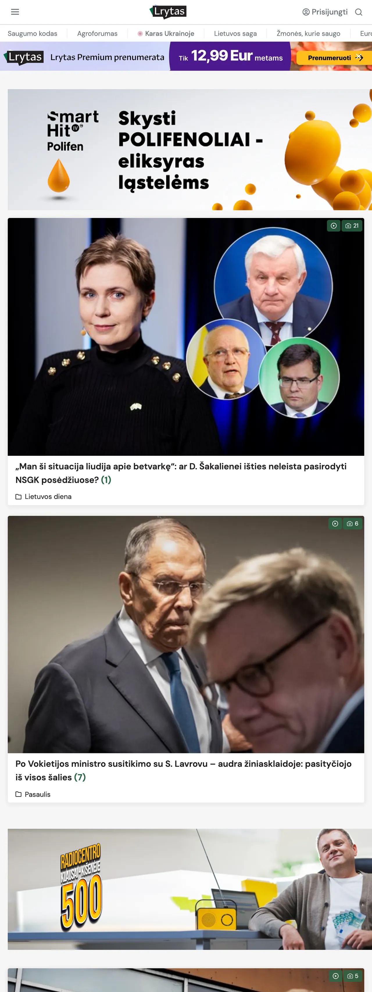 Screenshot of the Lrytas front page