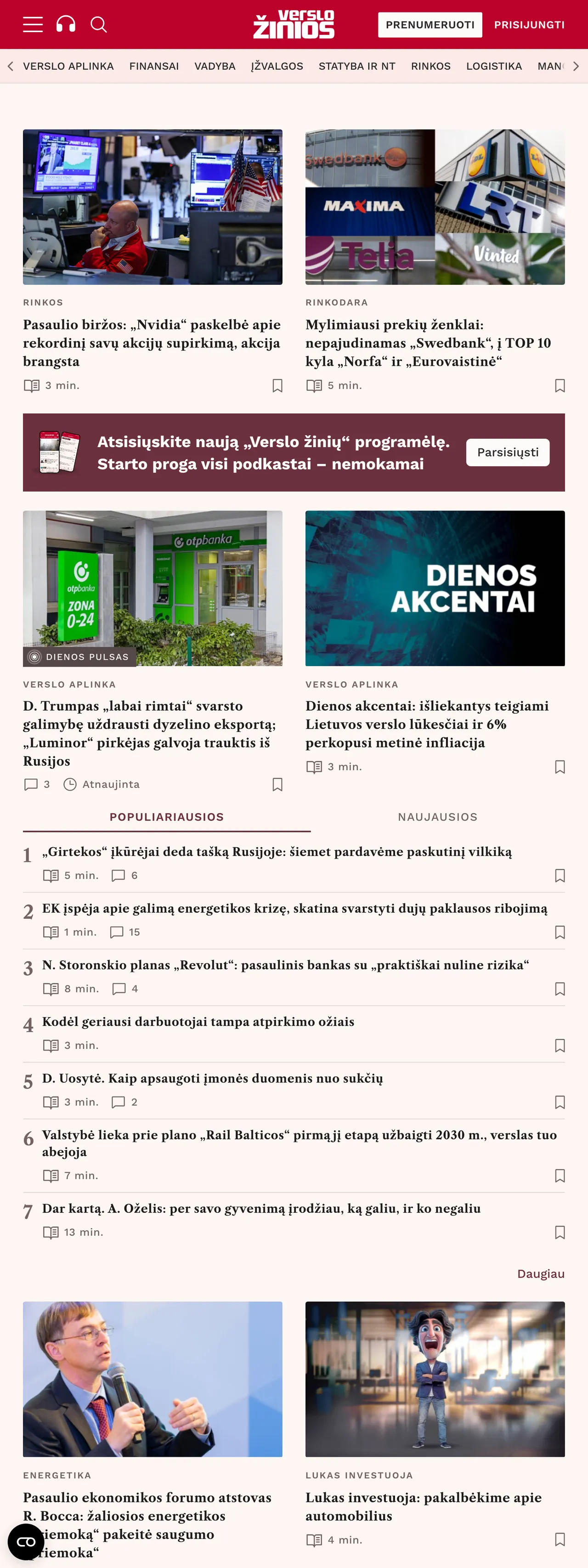 Screenshot of the Verslo žinios front page