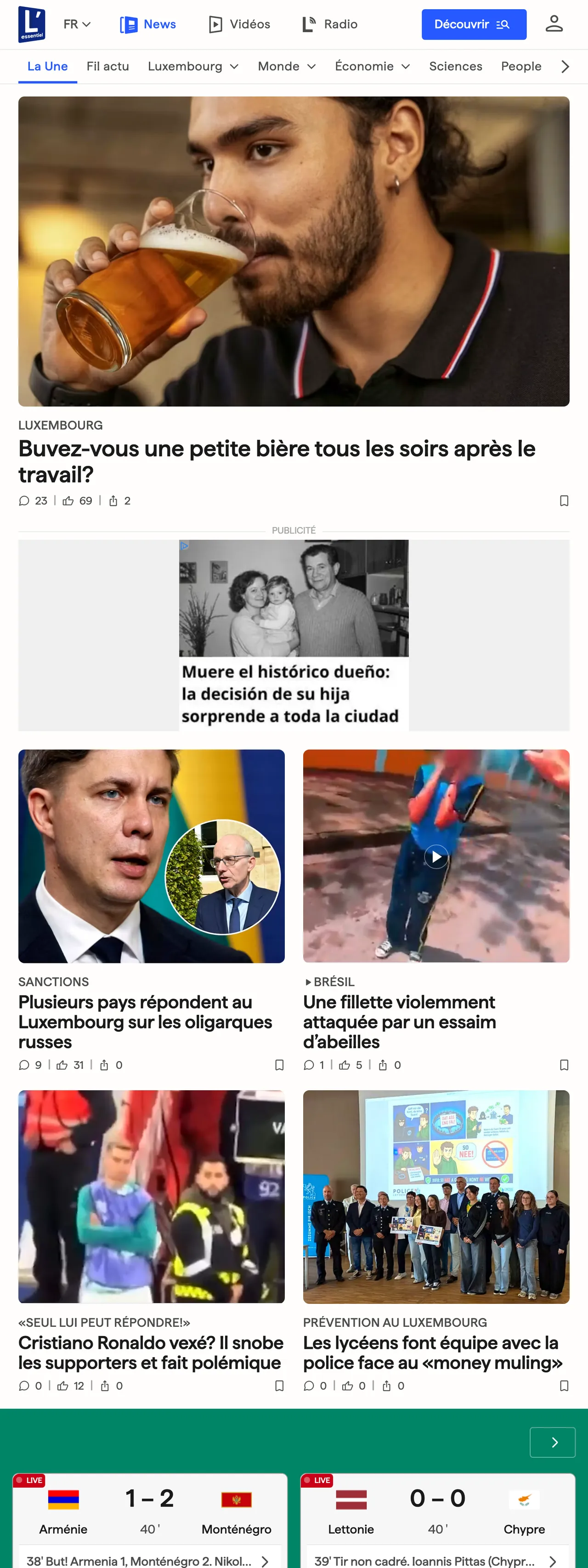 Screenshot of the L'essentiel front page