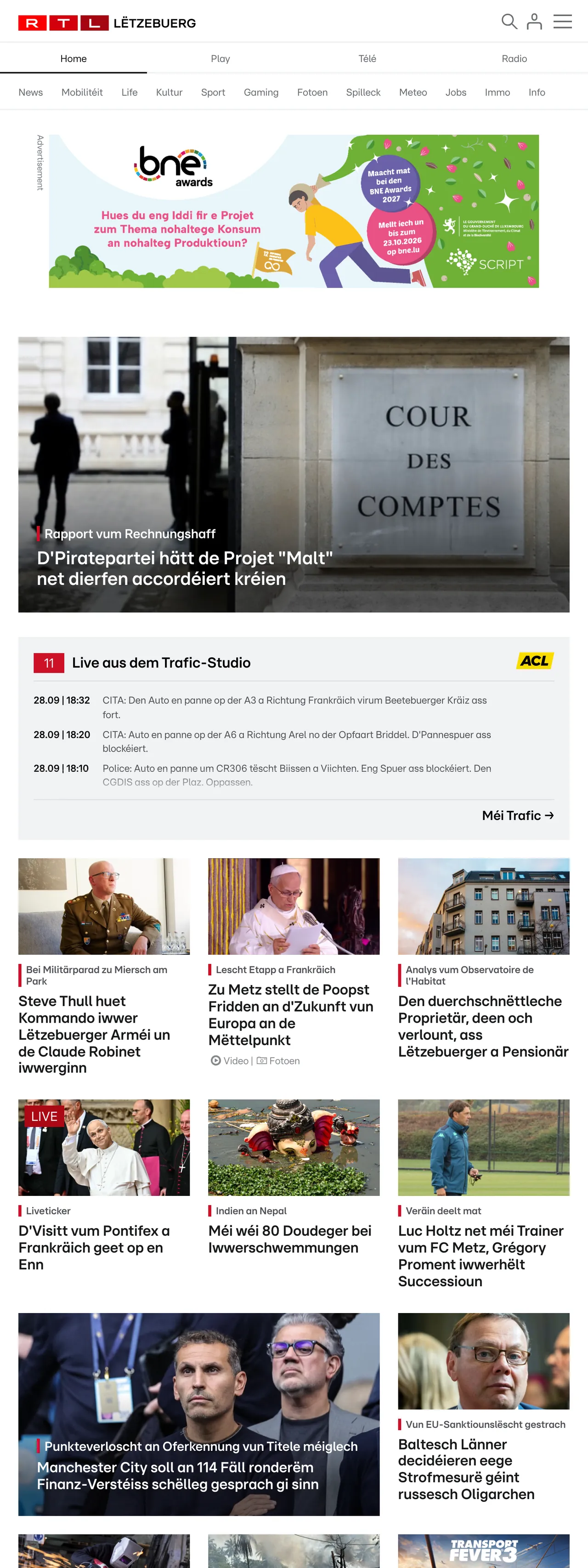 Screenshot of the RTL Lëtzebuerg front page