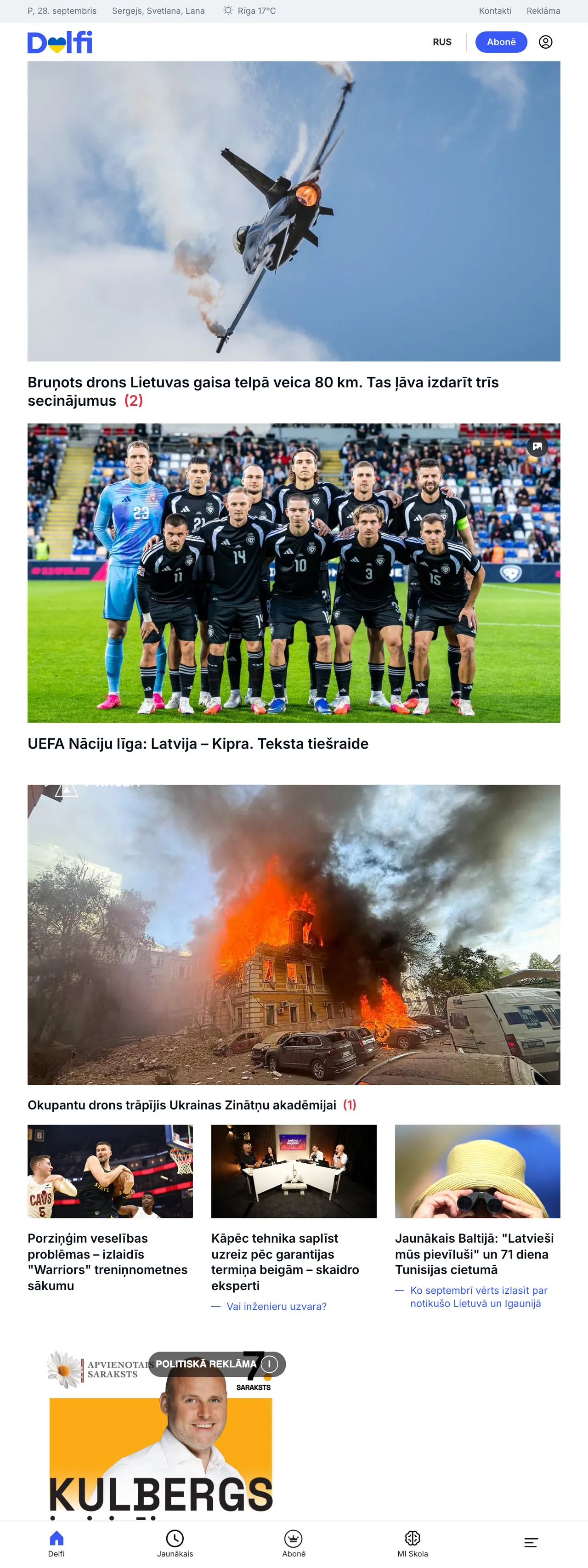 Screenshot of the Delfi front page