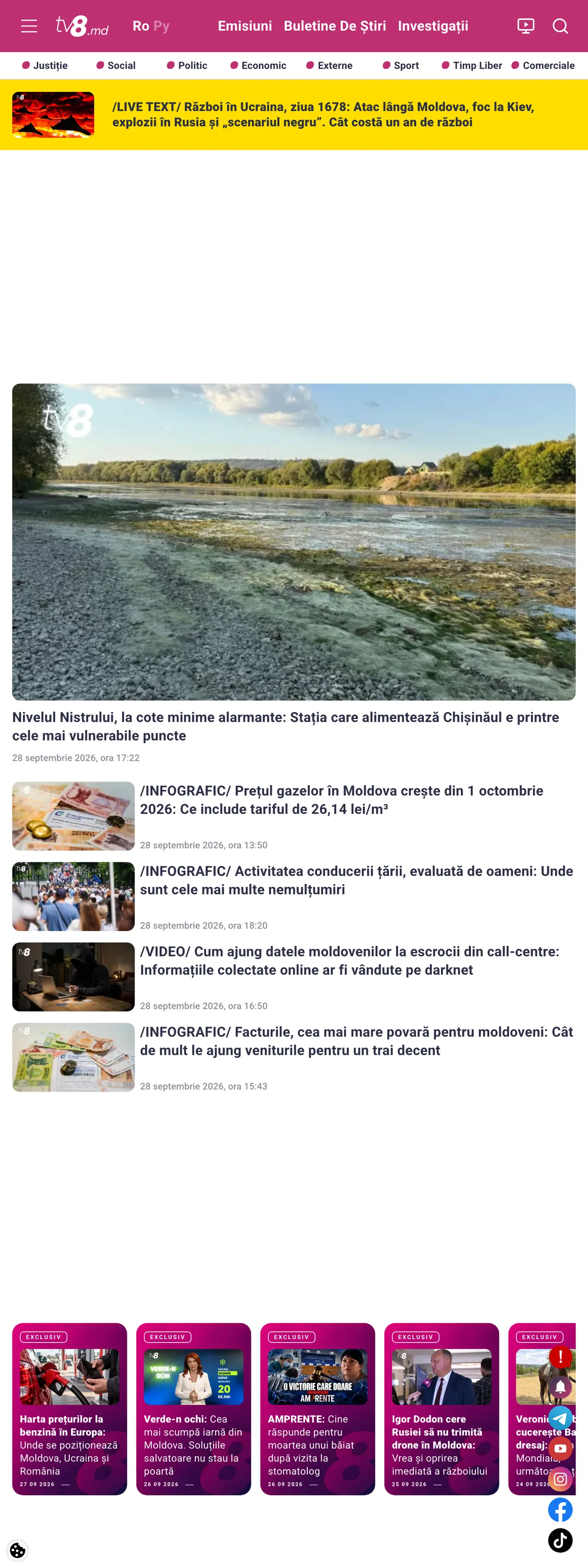 Screenshot of the TV8 front page