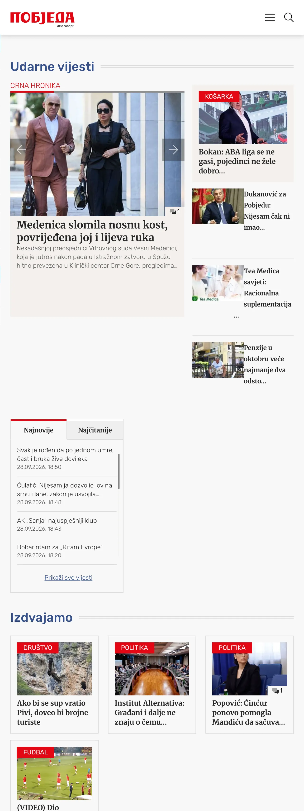 Screenshot of the Pobjeda front page