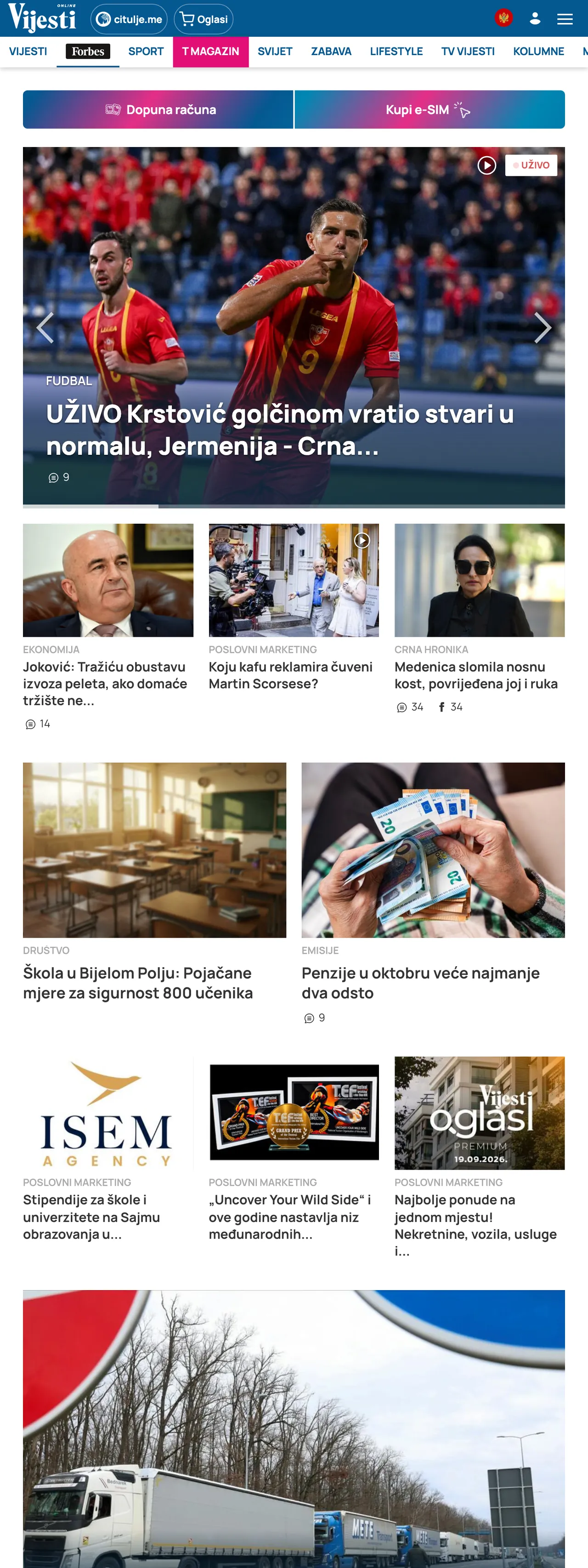 Screenshot of the Vijesti front page
