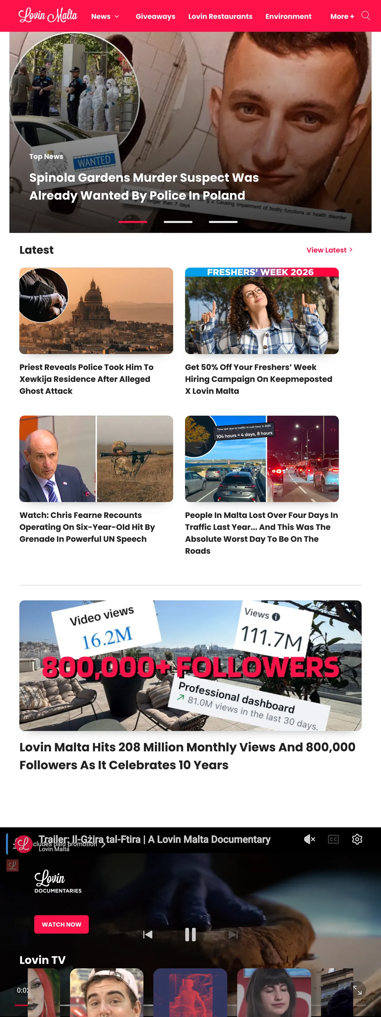 Screenshot of the Lovin Malta front page