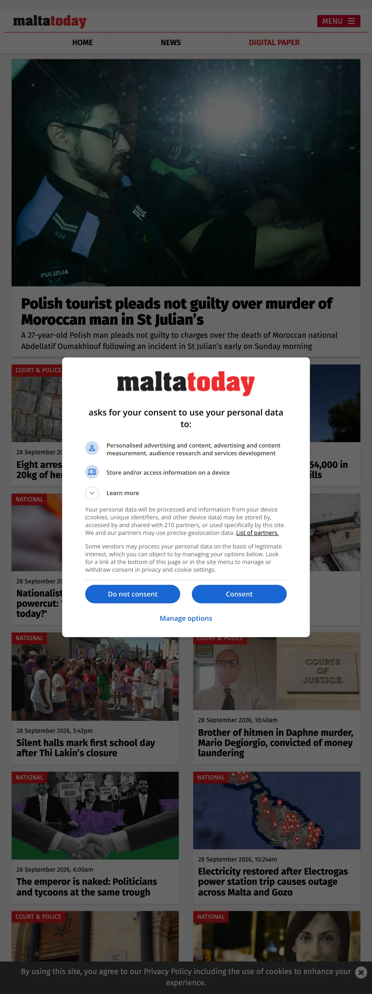 Screenshot of the Malta Today front page