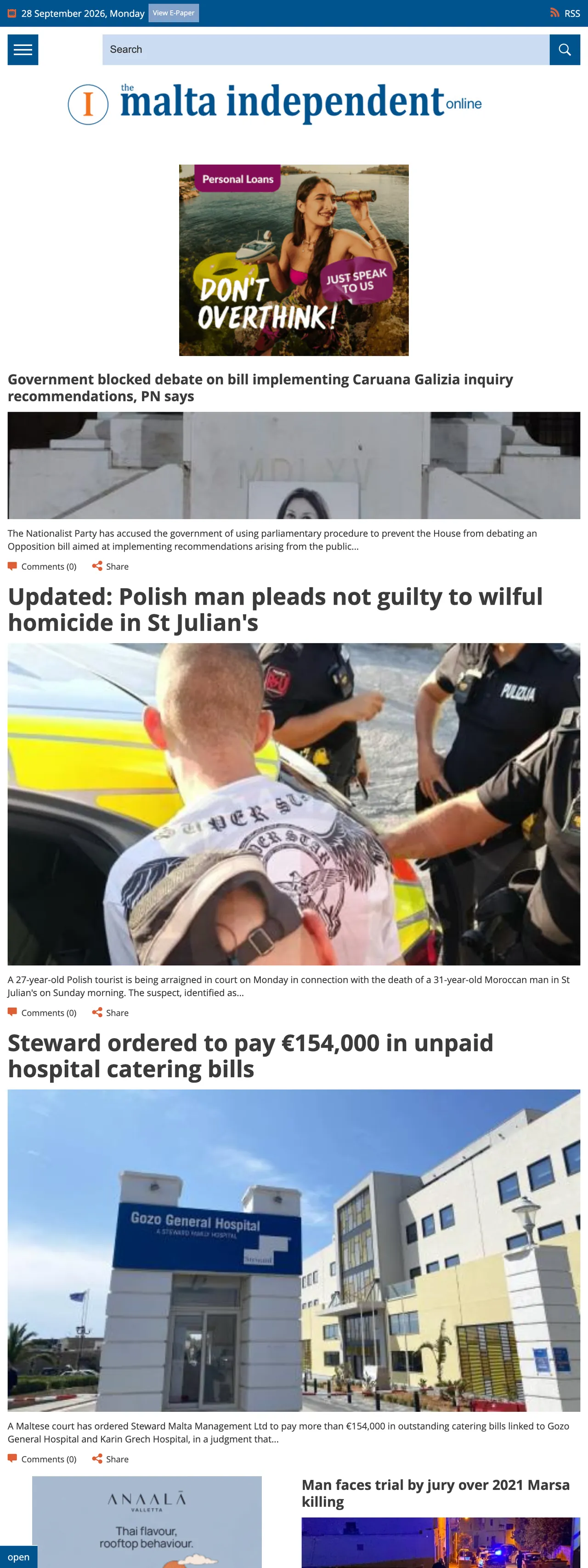 Screenshot of the The Malta Independent front page