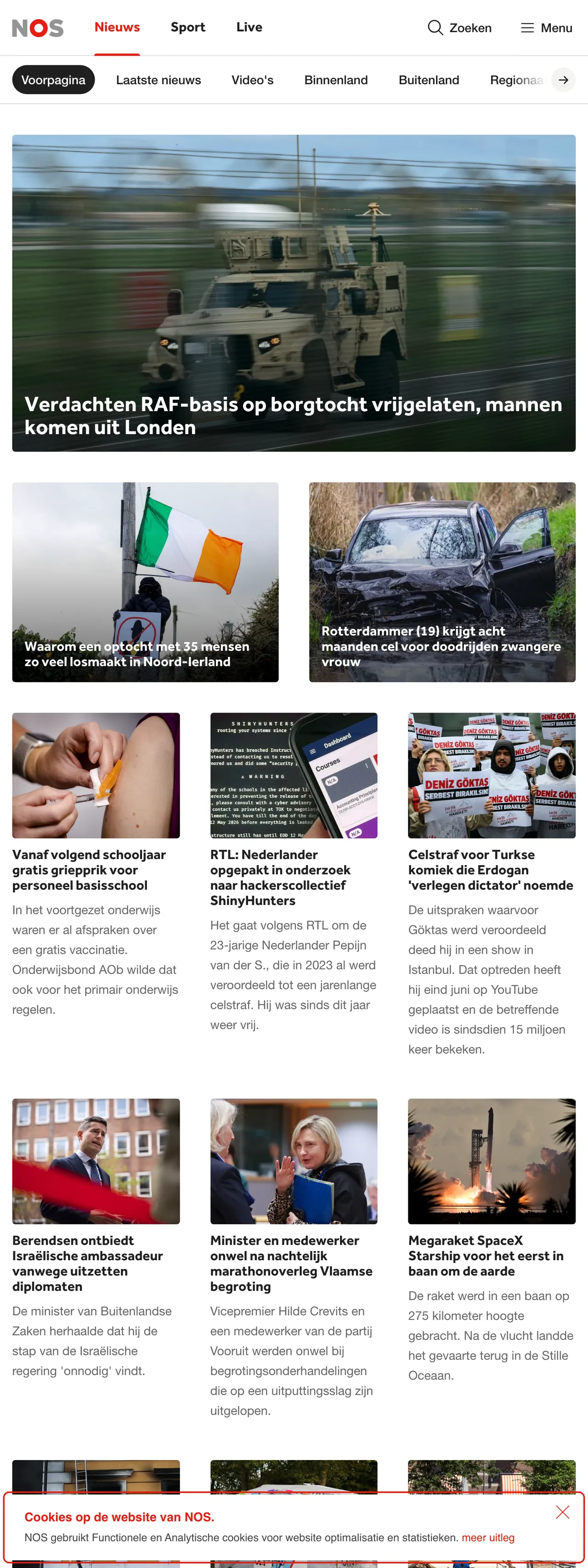 Screenshot of the NOS front page