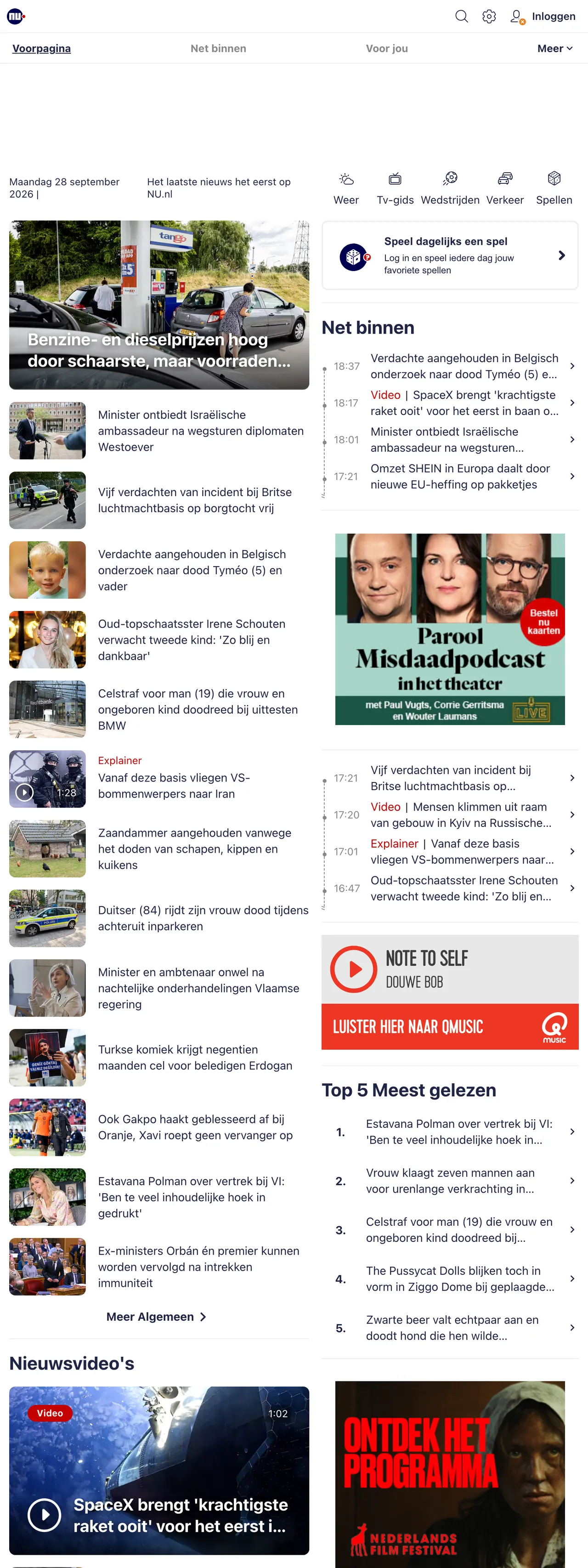 Screenshot of the NU.nl front page
