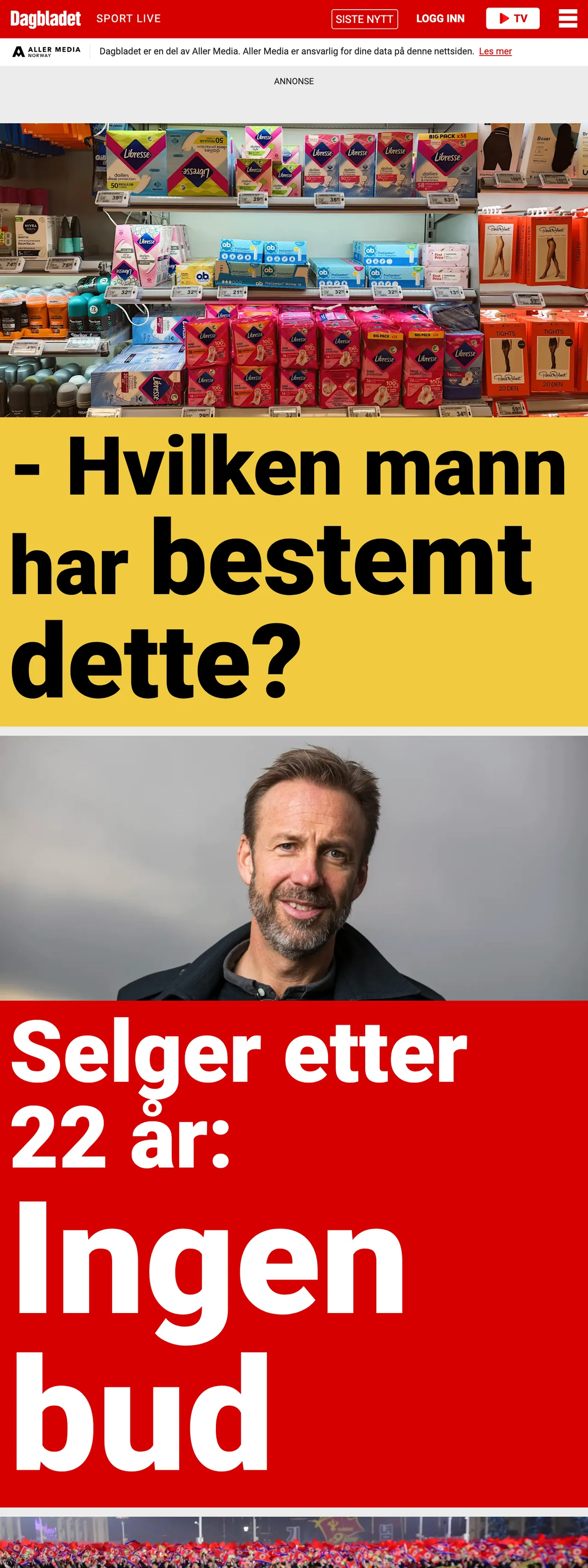 Screenshot of the Dagbladet front page