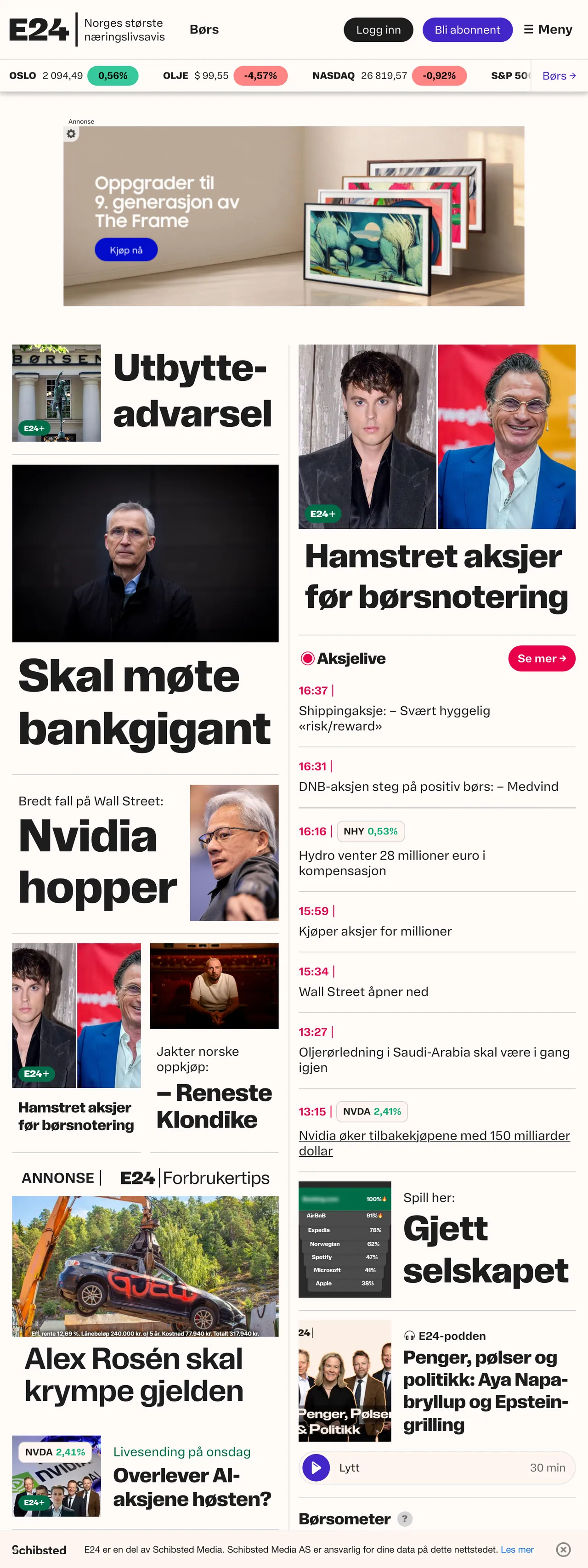 Screenshot of the E24 front page