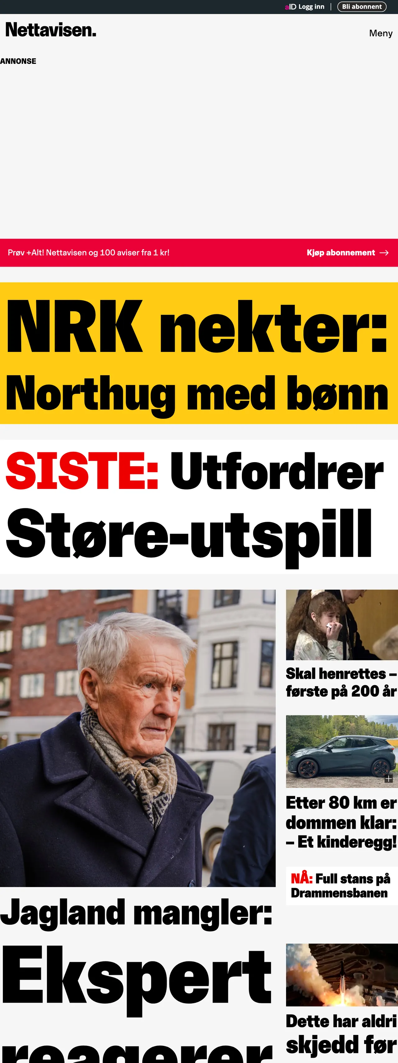 Screenshot of the Nettavisen front page