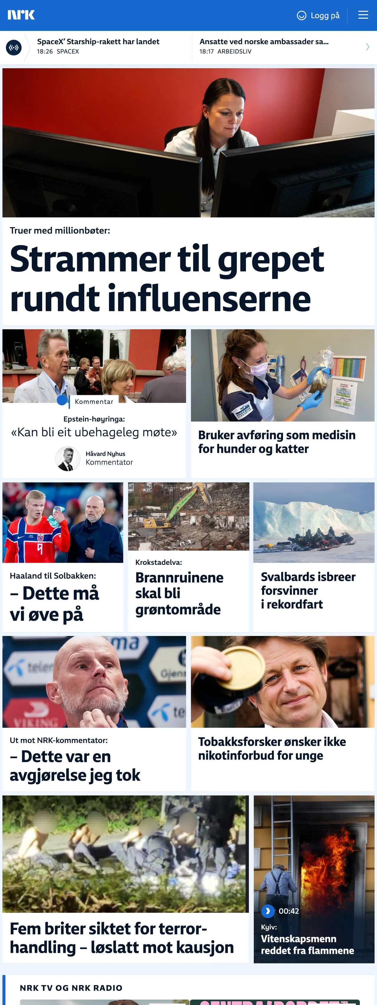 Screenshot of the NRK front page