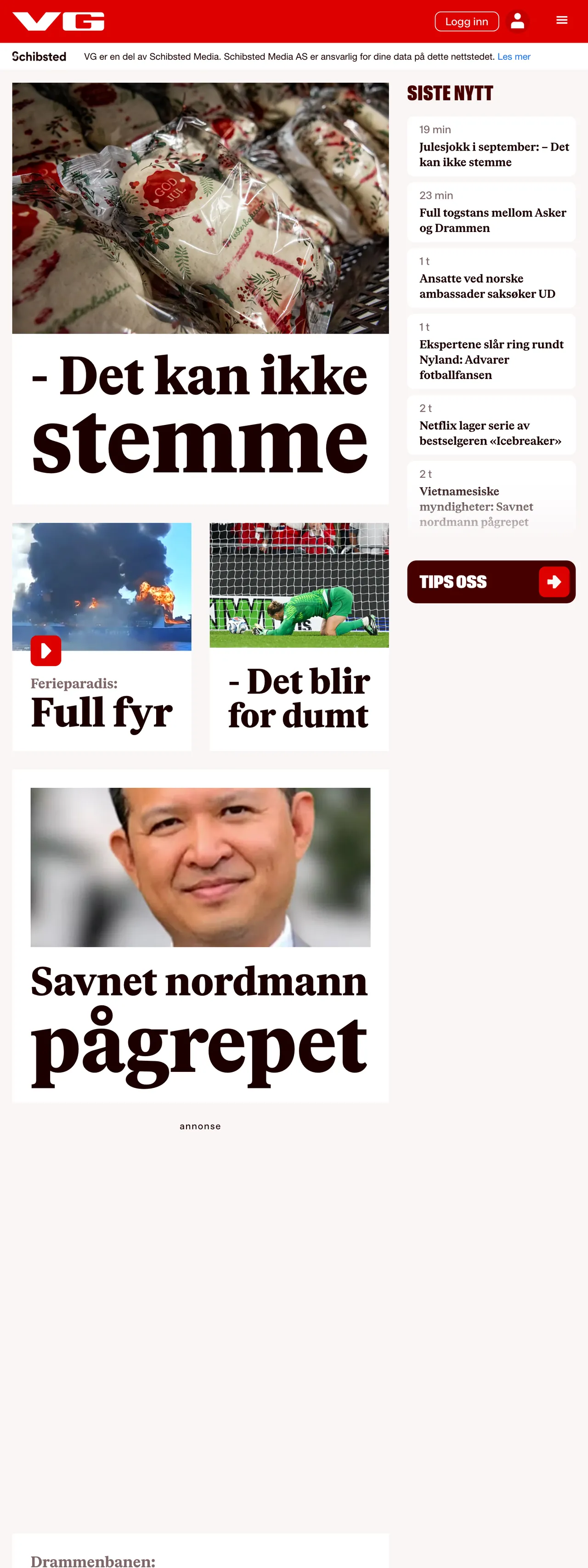Screenshot of the VG front page