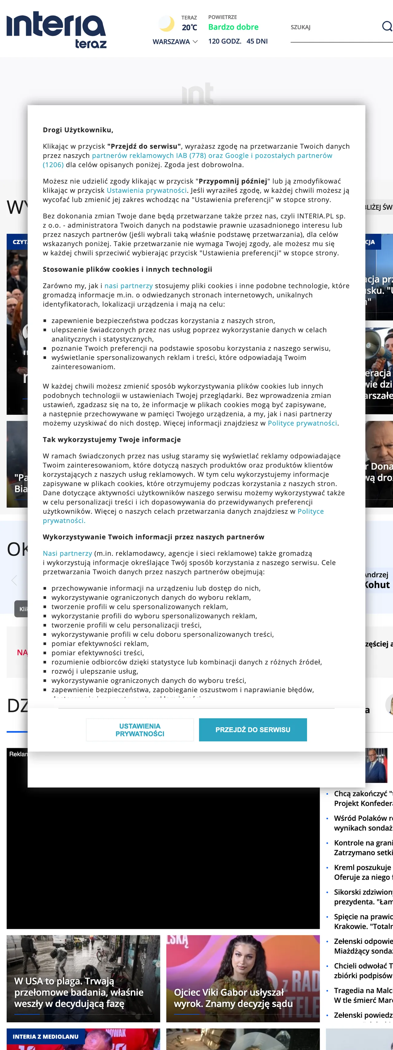Screenshot of the Interia front page