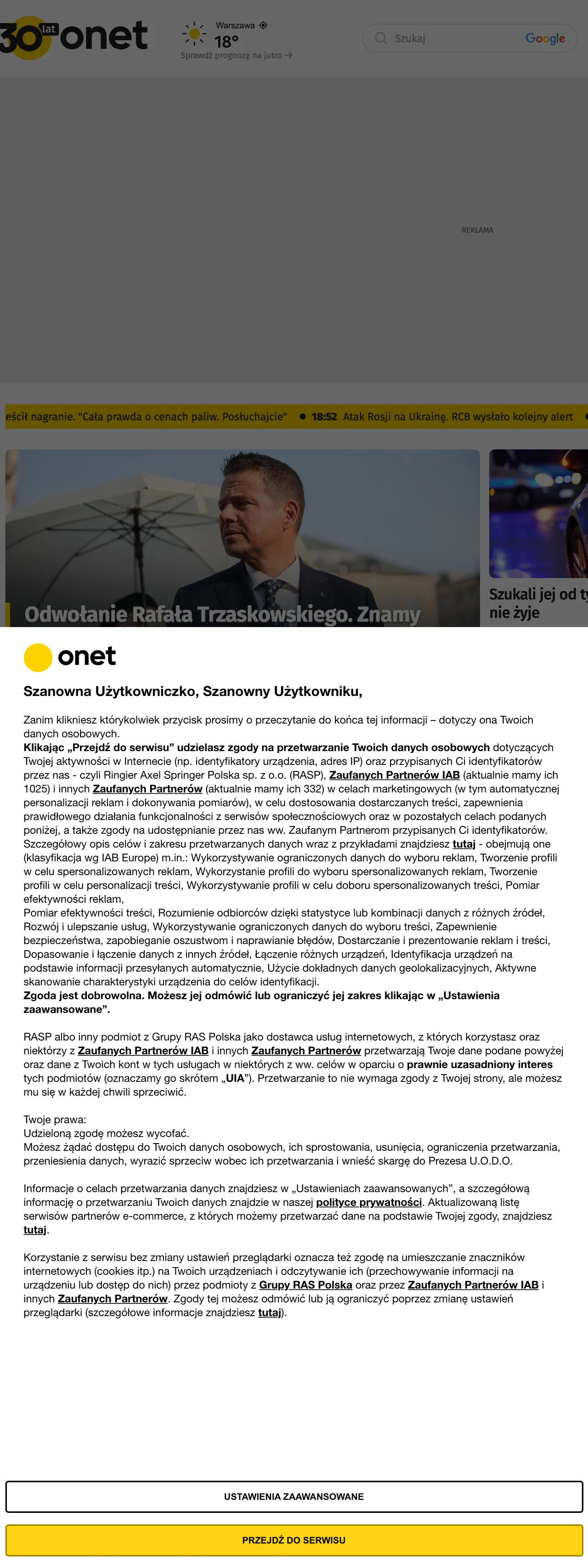 Screenshot of the Onet front page