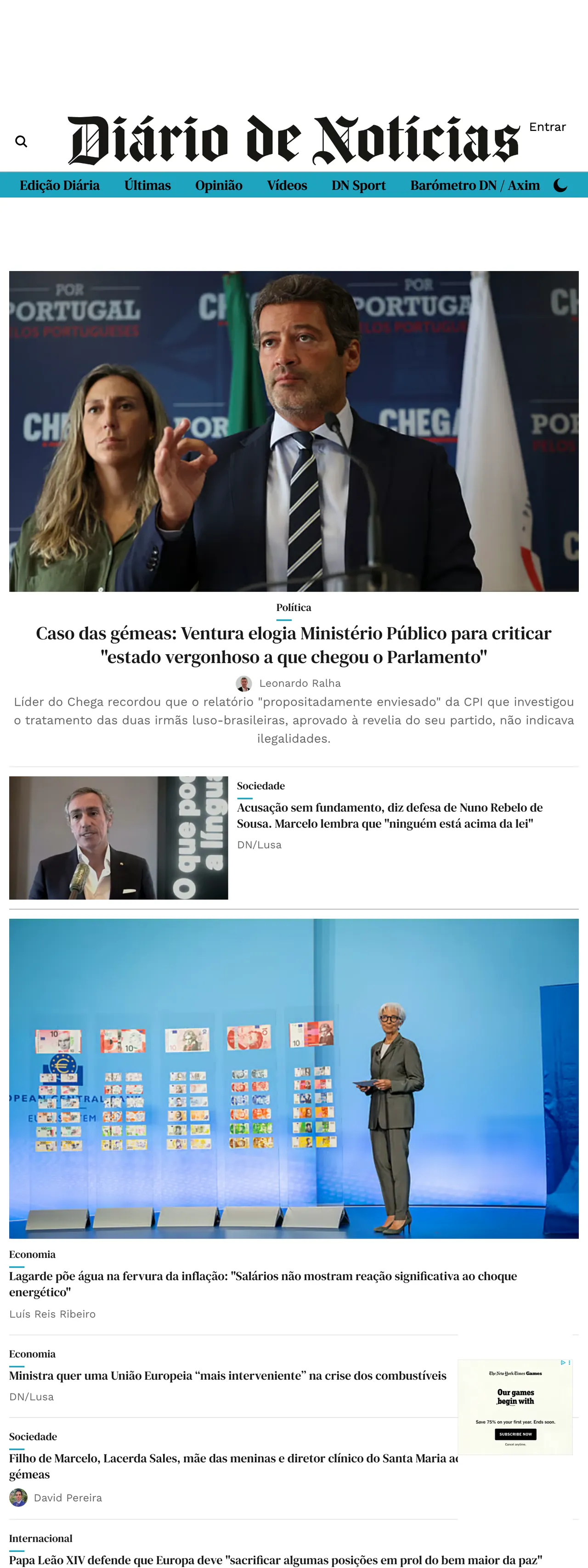 Screenshot of the Diário de Notícias front page