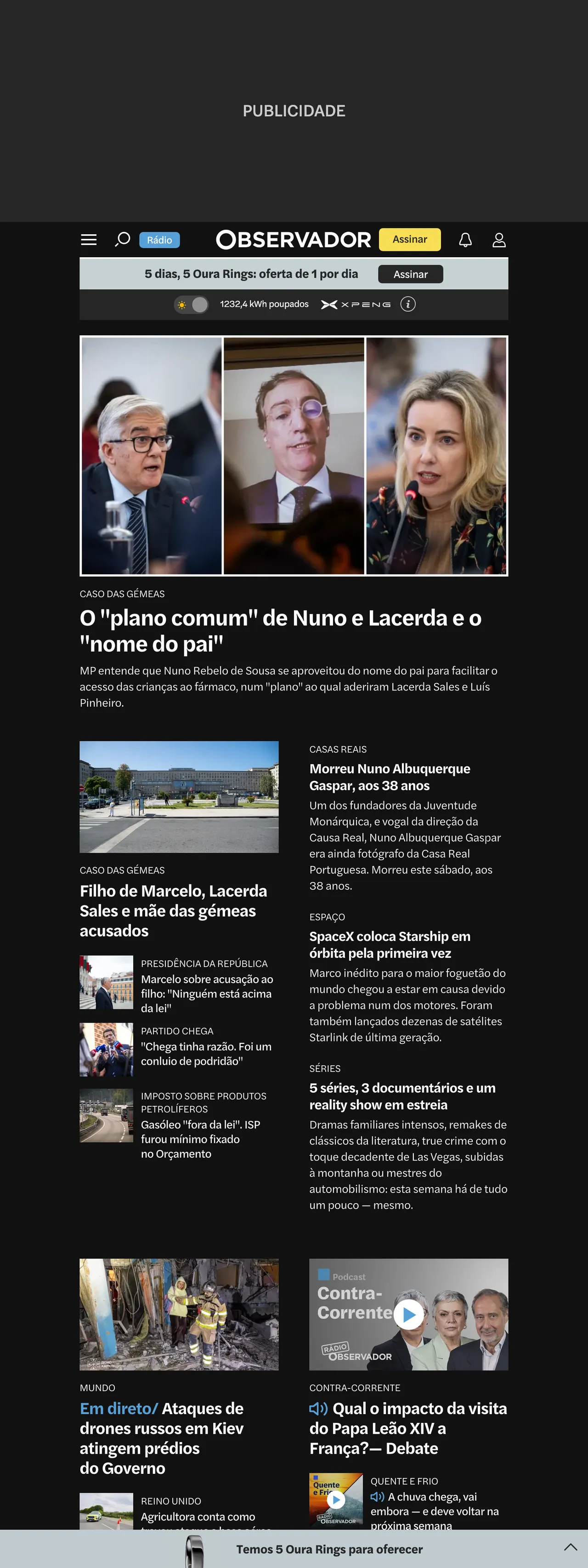 Screenshot of the Observador front page