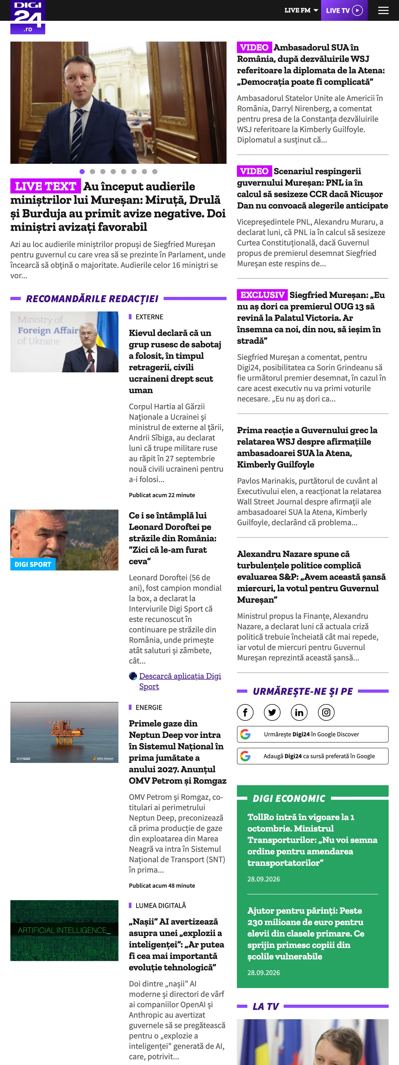 Screenshot of the Digi24 front page
