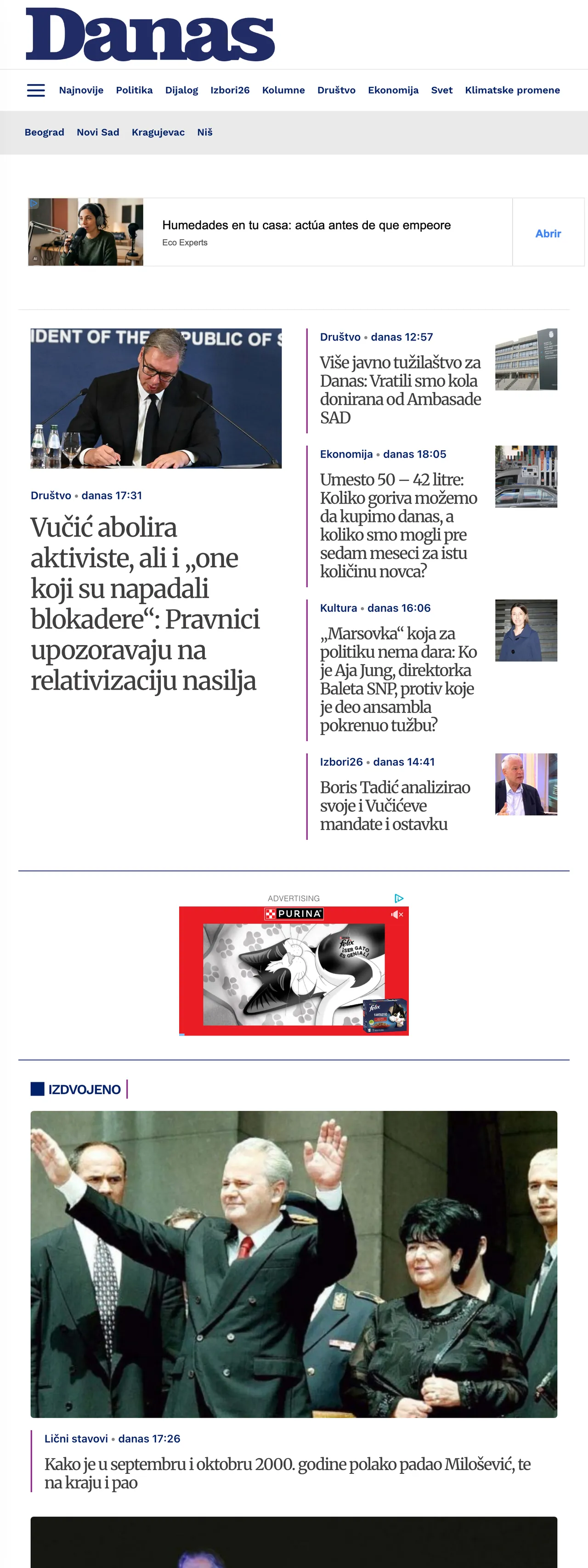 Screenshot of the Danas front page