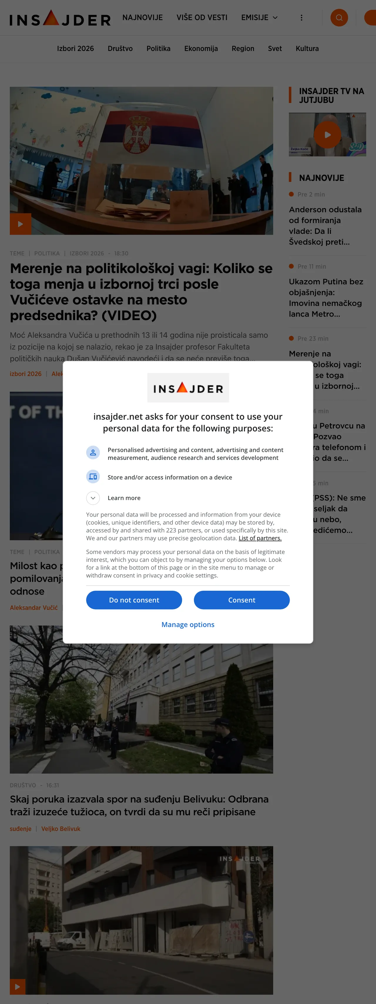 Screenshot of the Insajder front page