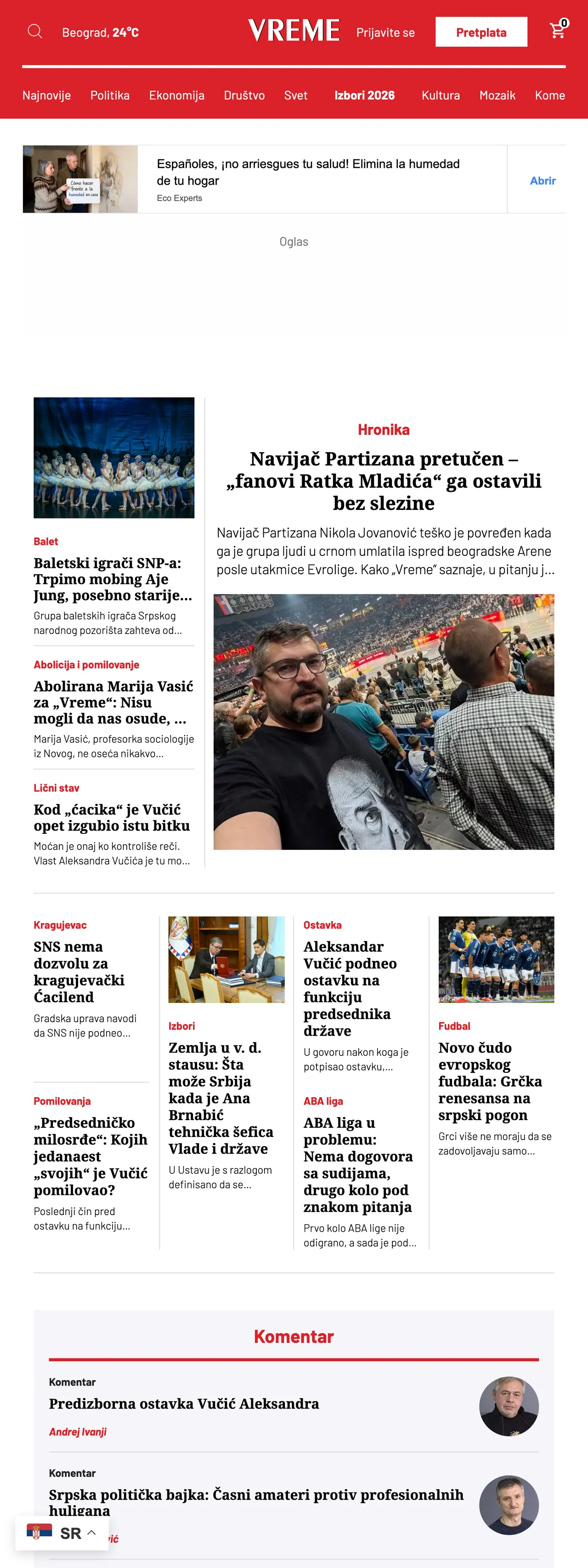 Screenshot of the Vreme front page