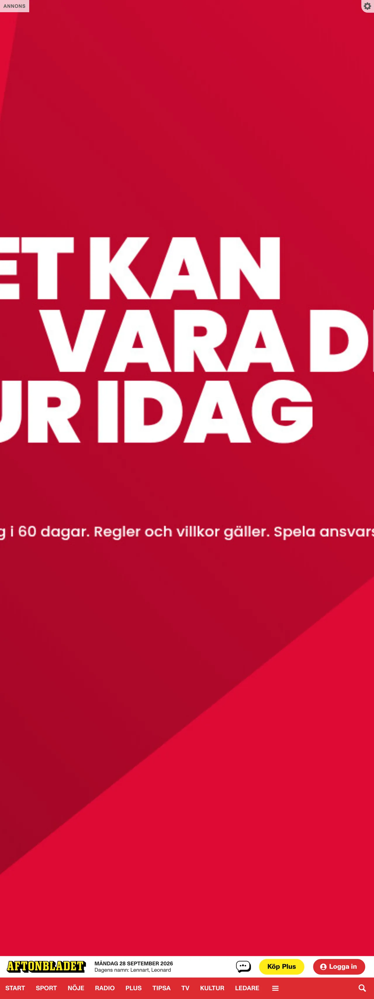 Screenshot of the Aftonbladet front page