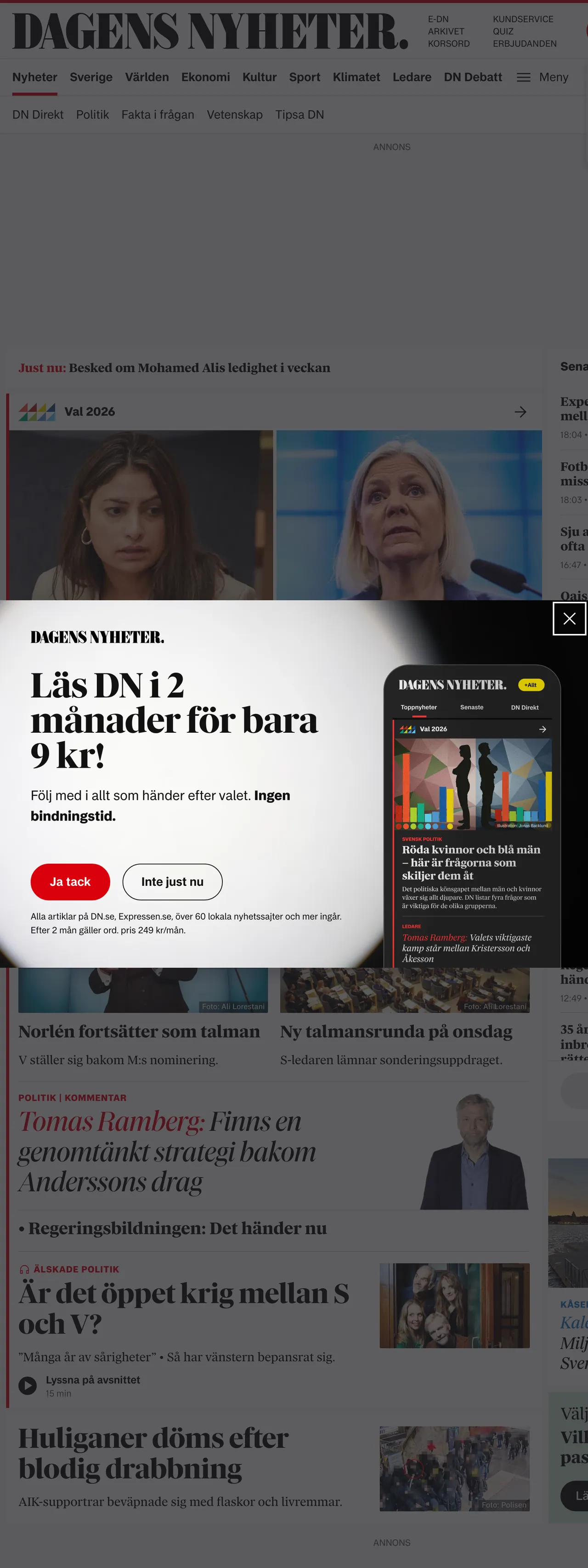 Screenshot of the Dagens Nyheter front page