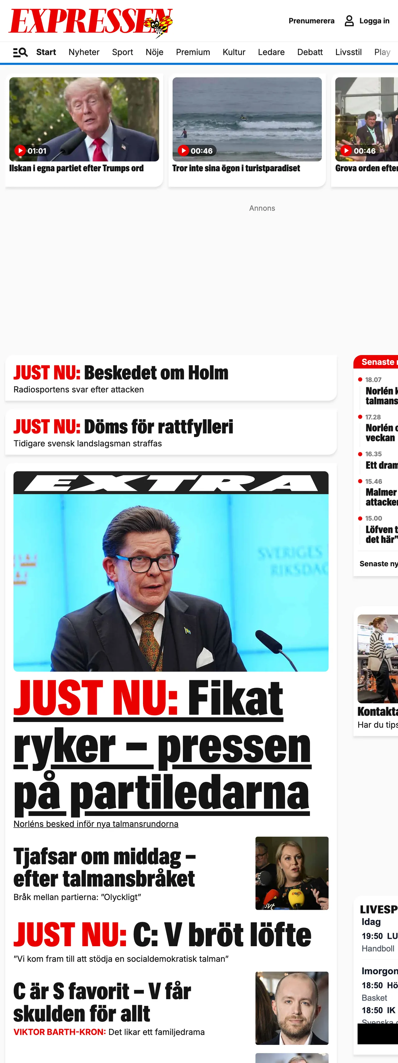 Screenshot of the Expressen front page