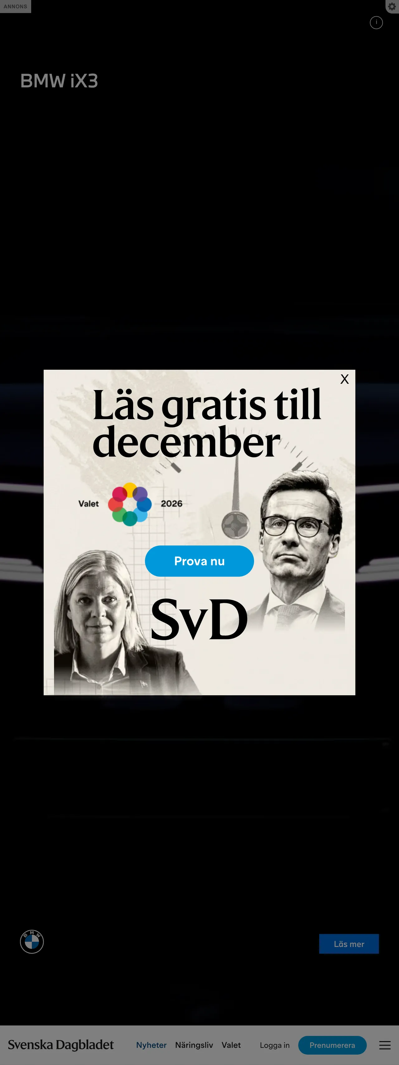 Screenshot of the Svenska Dagbladet front page