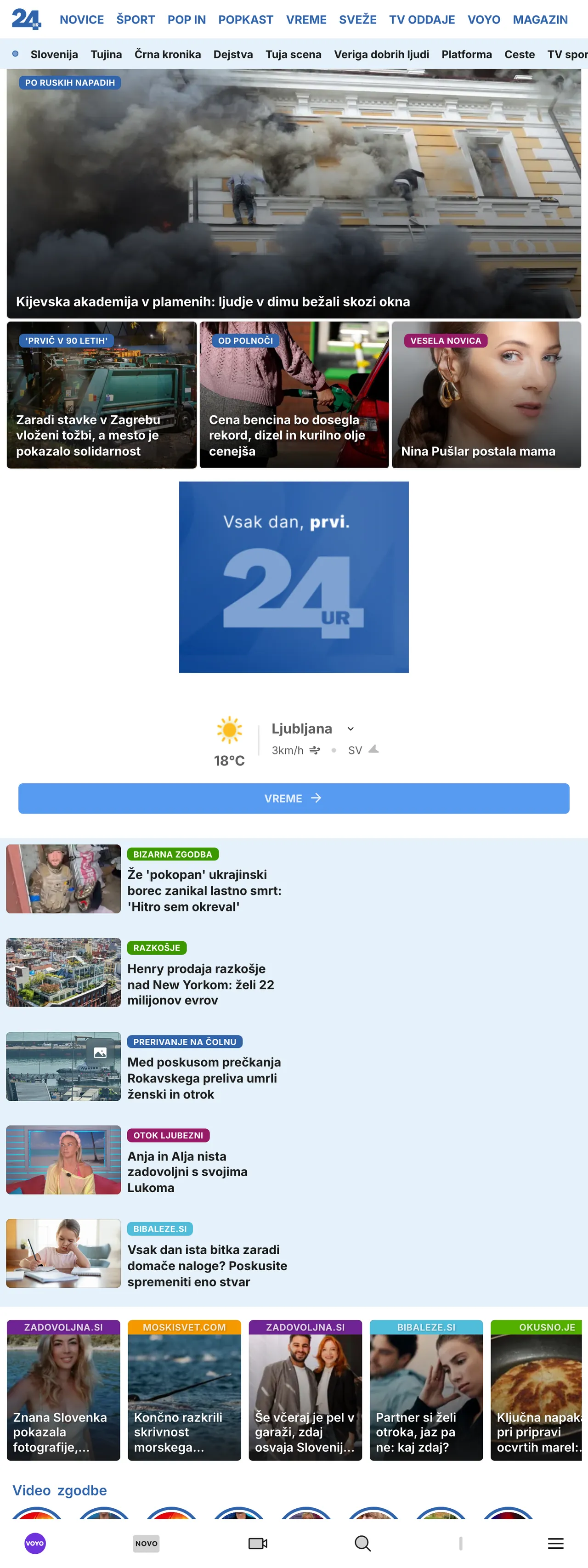 Screenshot of the 24ur front page