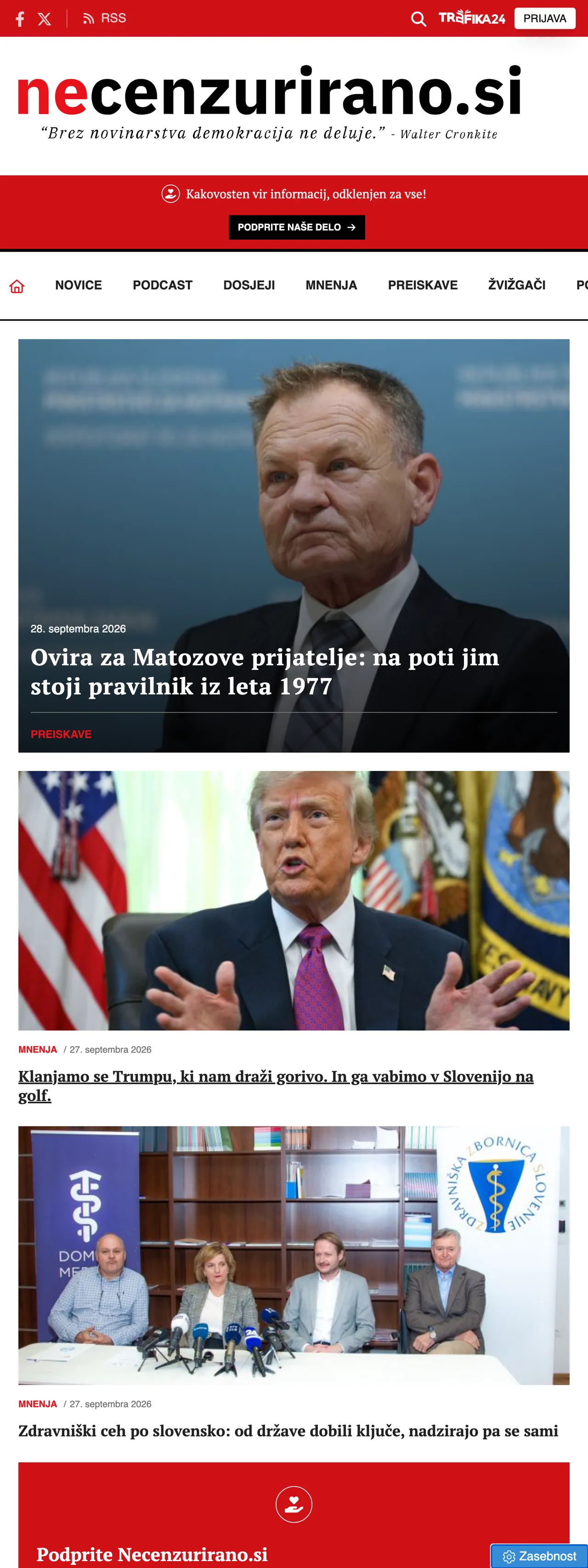 Screenshot of the Necenzurirano front page