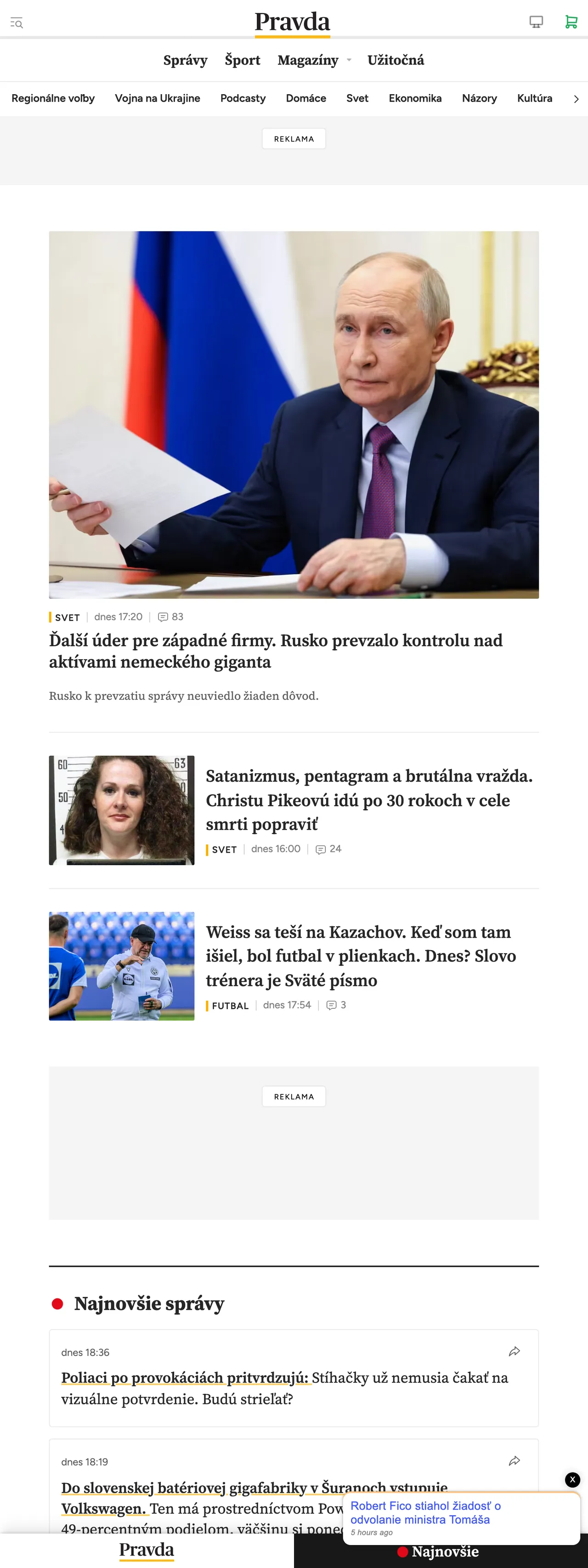 Screenshot of the Pravda front page