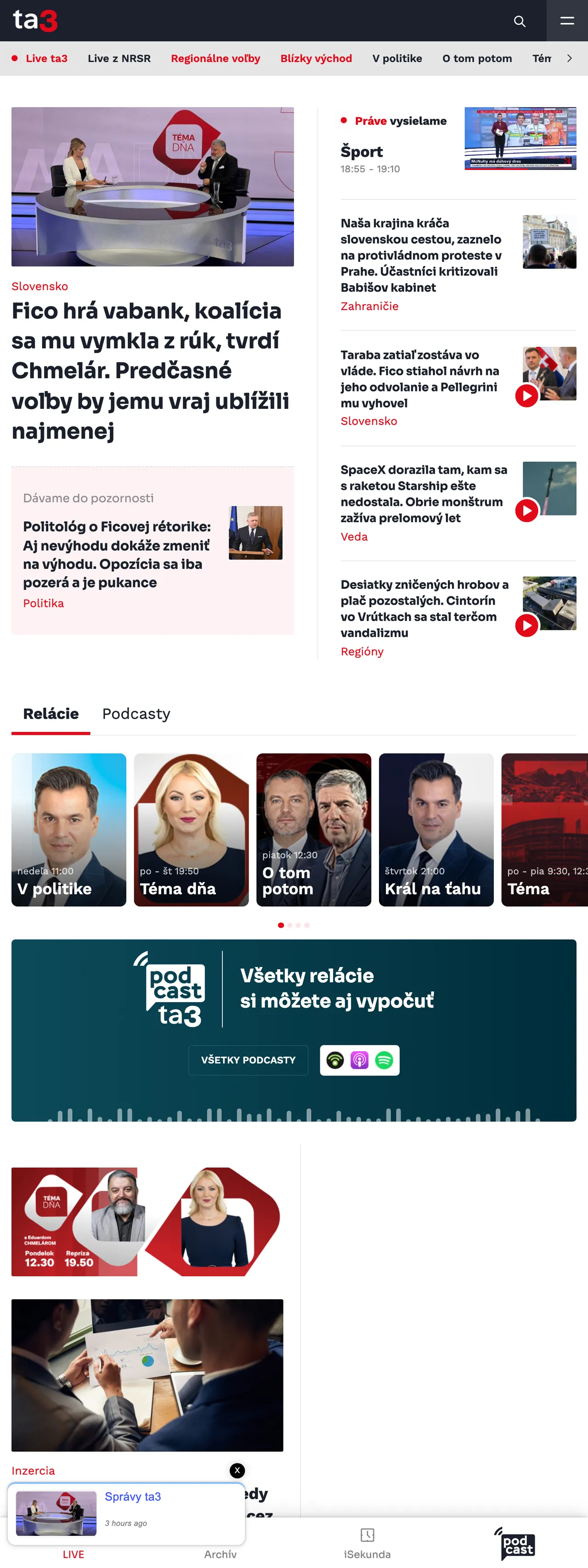 Screenshot of the TA3 front page