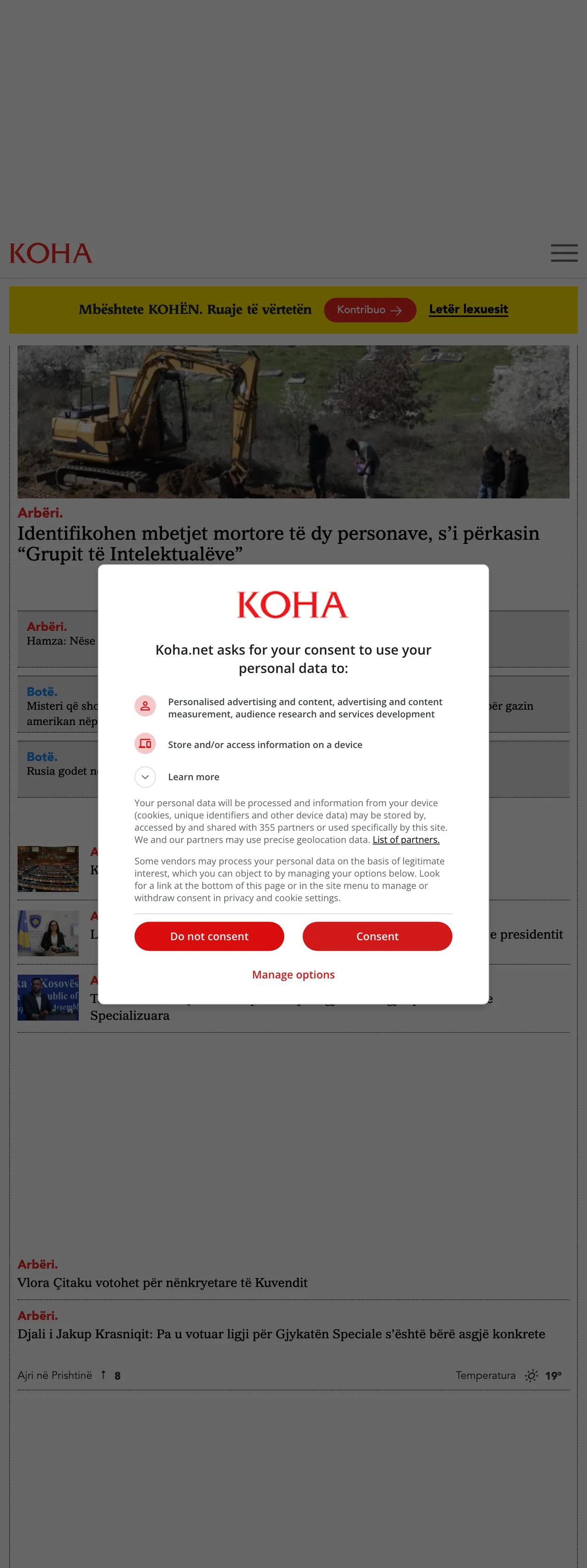 Screenshot of the Koha Ditore front page